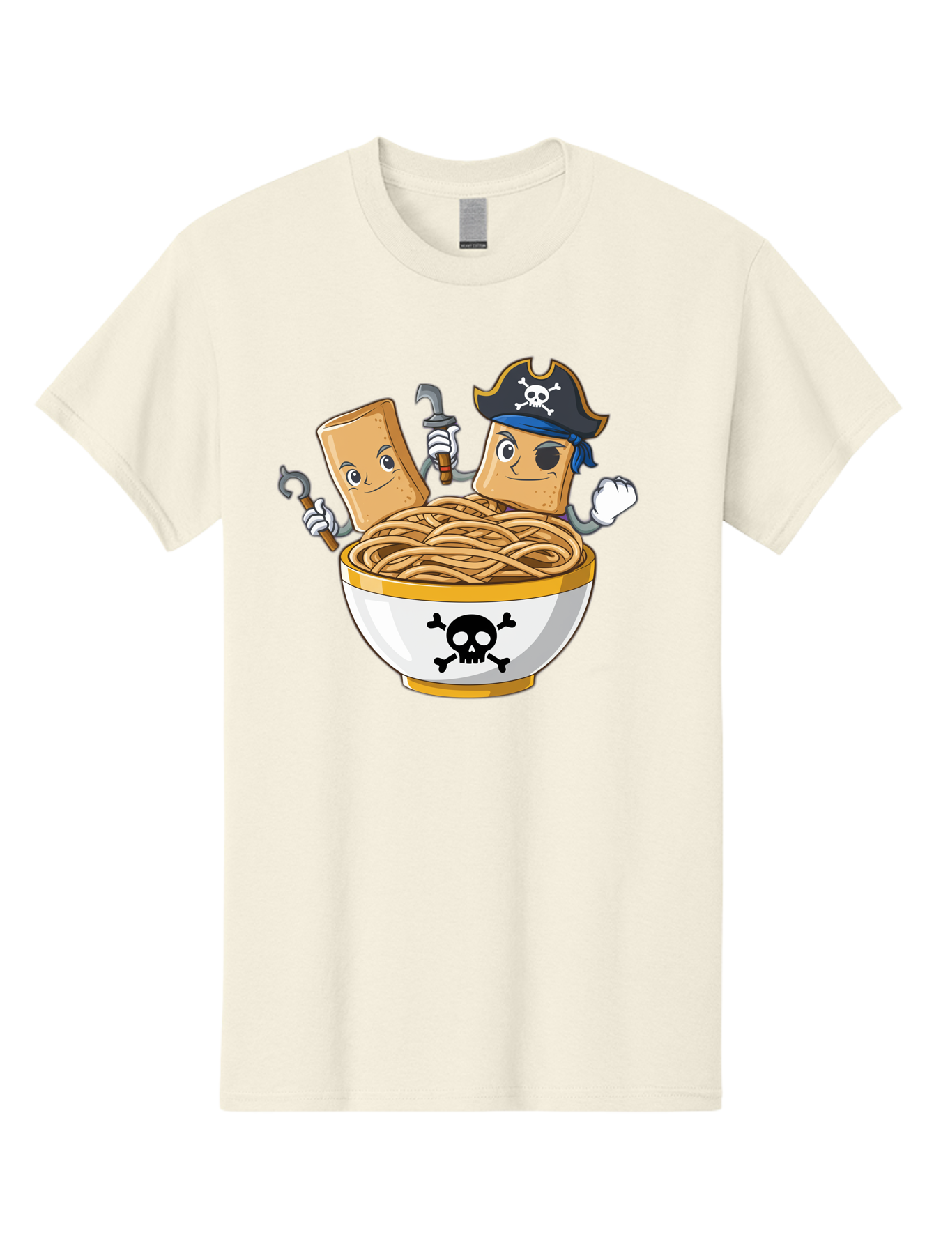 Crackers-In-A-Skull-Bowl Men'S Graphic Tee, 100% Cotton, Comfortable Casual Summer Wear, Machine Washable, Cartoon Crackers, Pirate-Themed, Noodles In Bowl, Skull And Crossbones, Playful Cartoon, Pirate Crackers, Animated Noodles, Baa412
