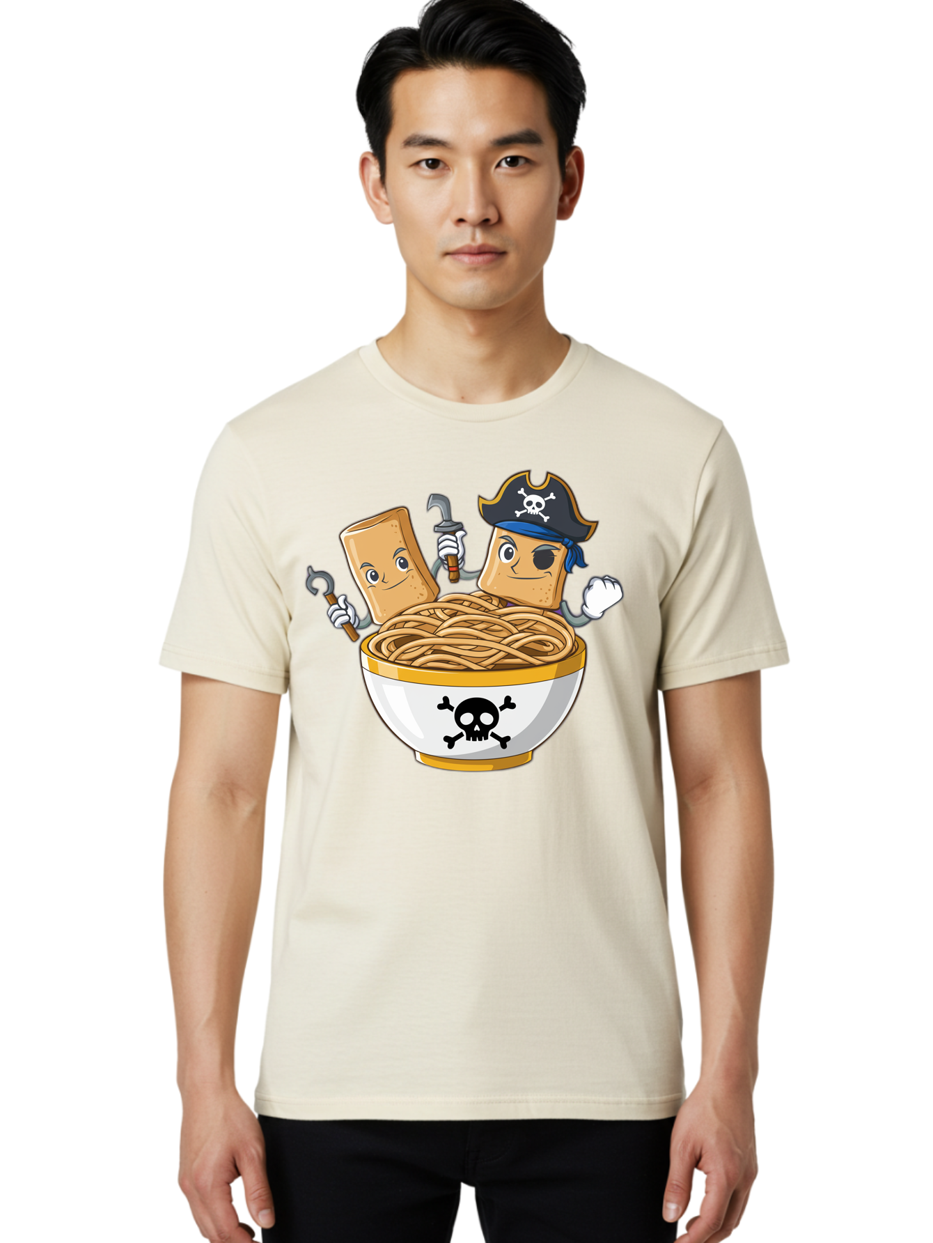 Crackers-In-A-Skull-Bowl Men'S Graphic Tee, 100% Cotton, Comfortable Casual Summer Wear, Machine Washable, Cartoon Crackers, Pirate-Themed, Noodles In Bowl, Skull And Crossbones, Playful Cartoon, Pirate Crackers, Animated Noodles, Baa412