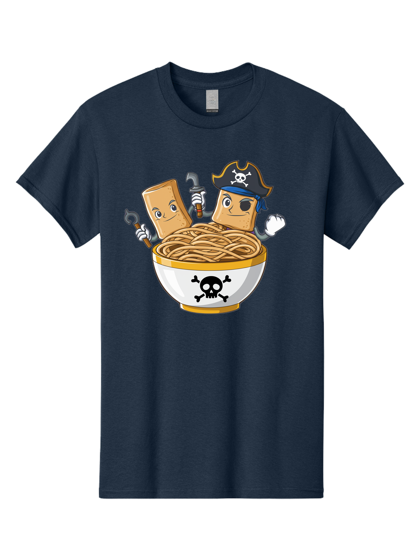 Crackers-In-A-Skull-Bowl Men'S Graphic Tee, 100% Cotton, Comfortable Casual Summer Wear, Machine Washable, Cartoon Crackers, Pirate-Themed, Noodles In Bowl, Skull And Crossbones, Playful Cartoon, Pirate Crackers, Animated Noodles, Baa412
