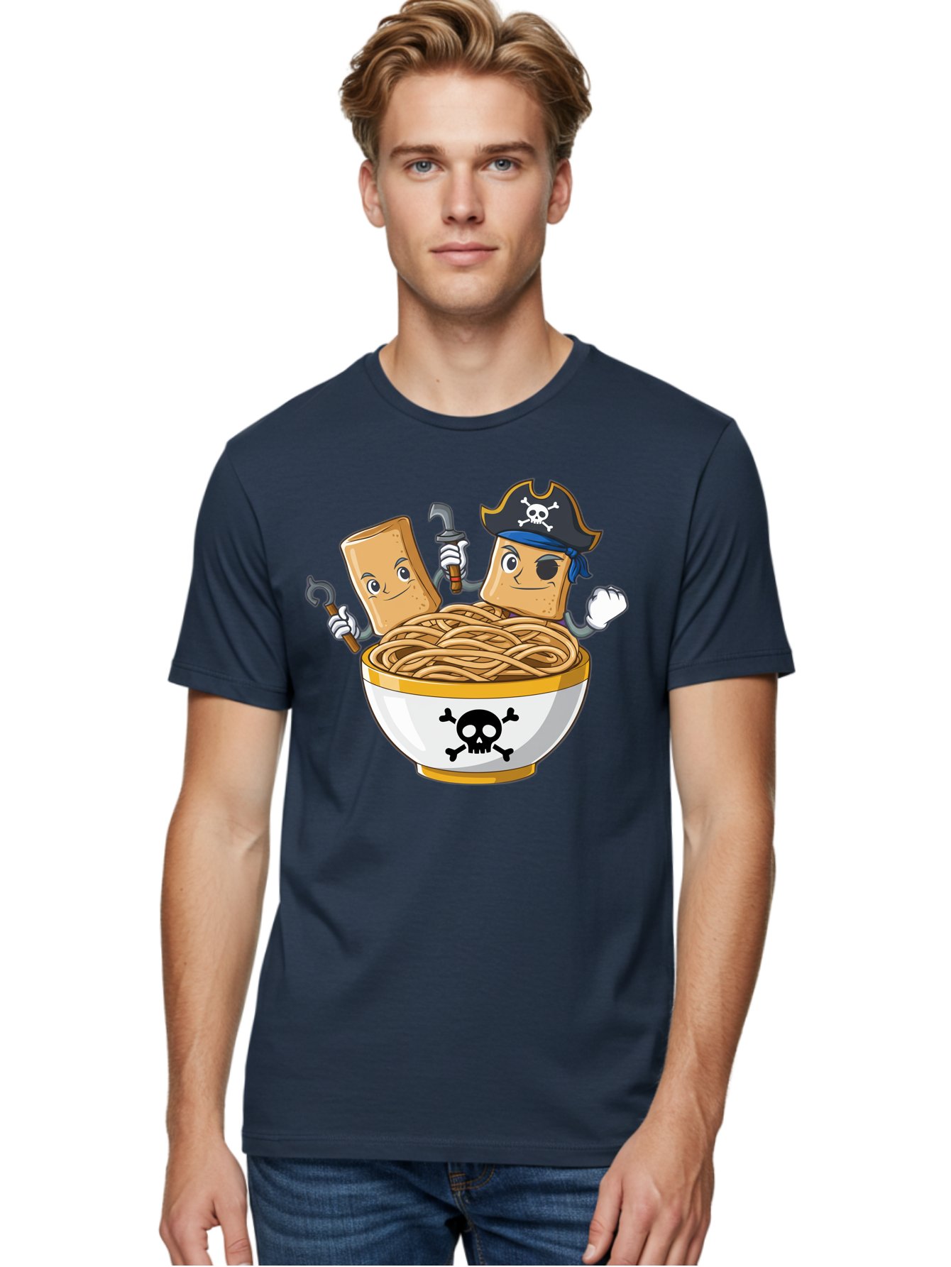 Crackers-In-A-Skull-Bowl Men'S Graphic Tee, 100% Cotton, Comfortable Casual Summer Wear, Machine Washable, Cartoon Crackers, Pirate-Themed, Noodles In Bowl, Skull And Crossbones, Playful Cartoon, Pirate Crackers, Animated Noodles, Baa412