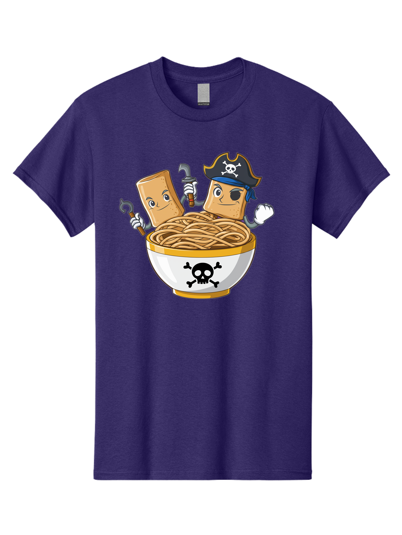 Crackers-In-A-Skull-Bowl Men'S Graphic Tee, 100% Cotton, Comfortable Casual Summer Wear, Machine Washable, Cartoon Crackers, Pirate-Themed, Noodles In Bowl, Skull And Crossbones, Playful Cartoon, Pirate Crackers, Animated Noodles, Baa412
