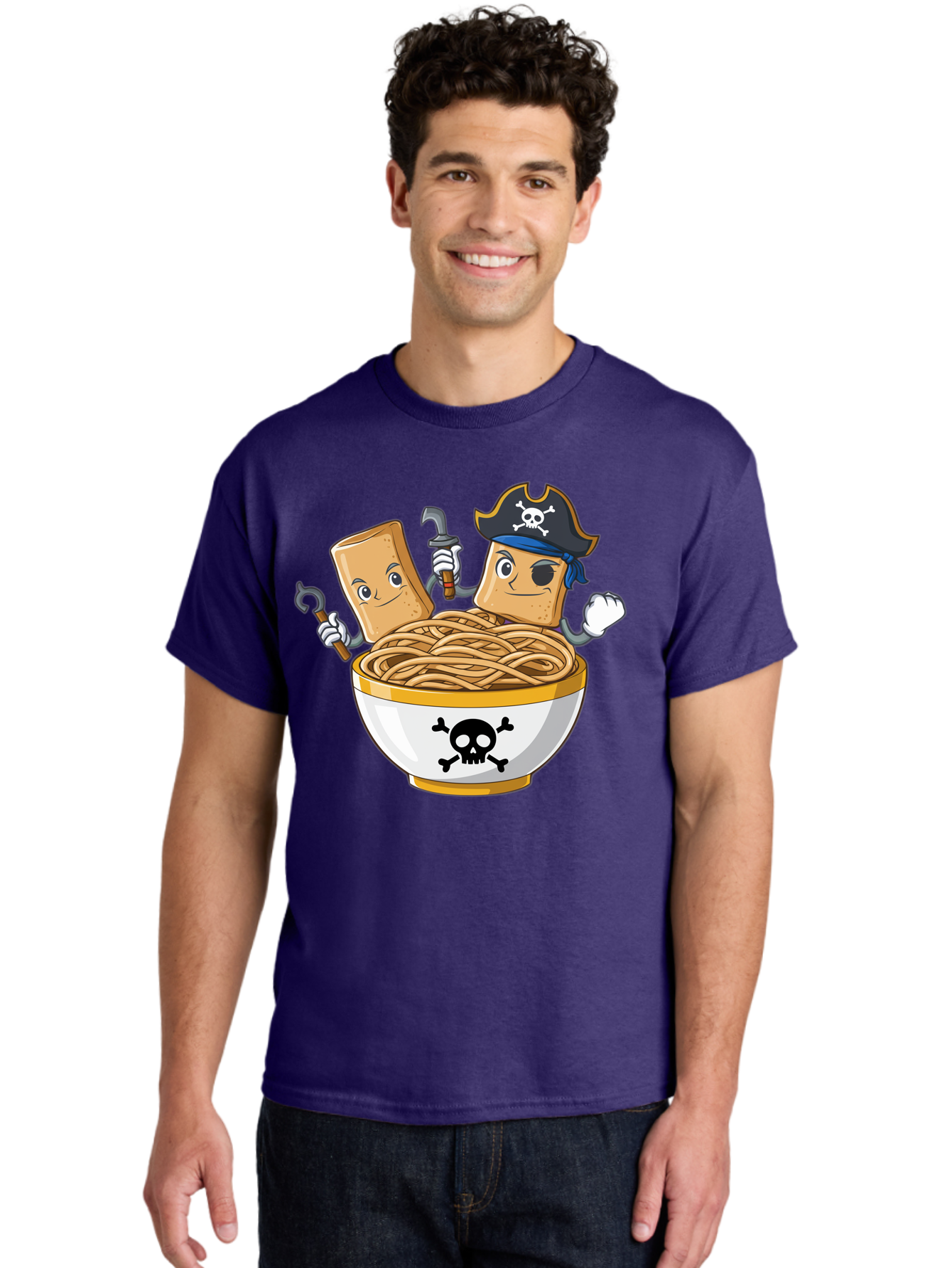 Crackers-In-A-Skull-Bowl Men'S Graphic Tee, 100% Cotton, Comfortable Casual Summer Wear, Machine Washable, Cartoon Crackers, Pirate-Themed, Noodles In Bowl, Skull And Crossbones, Playful Cartoon, Pirate Crackers, Animated Noodles, Baa412