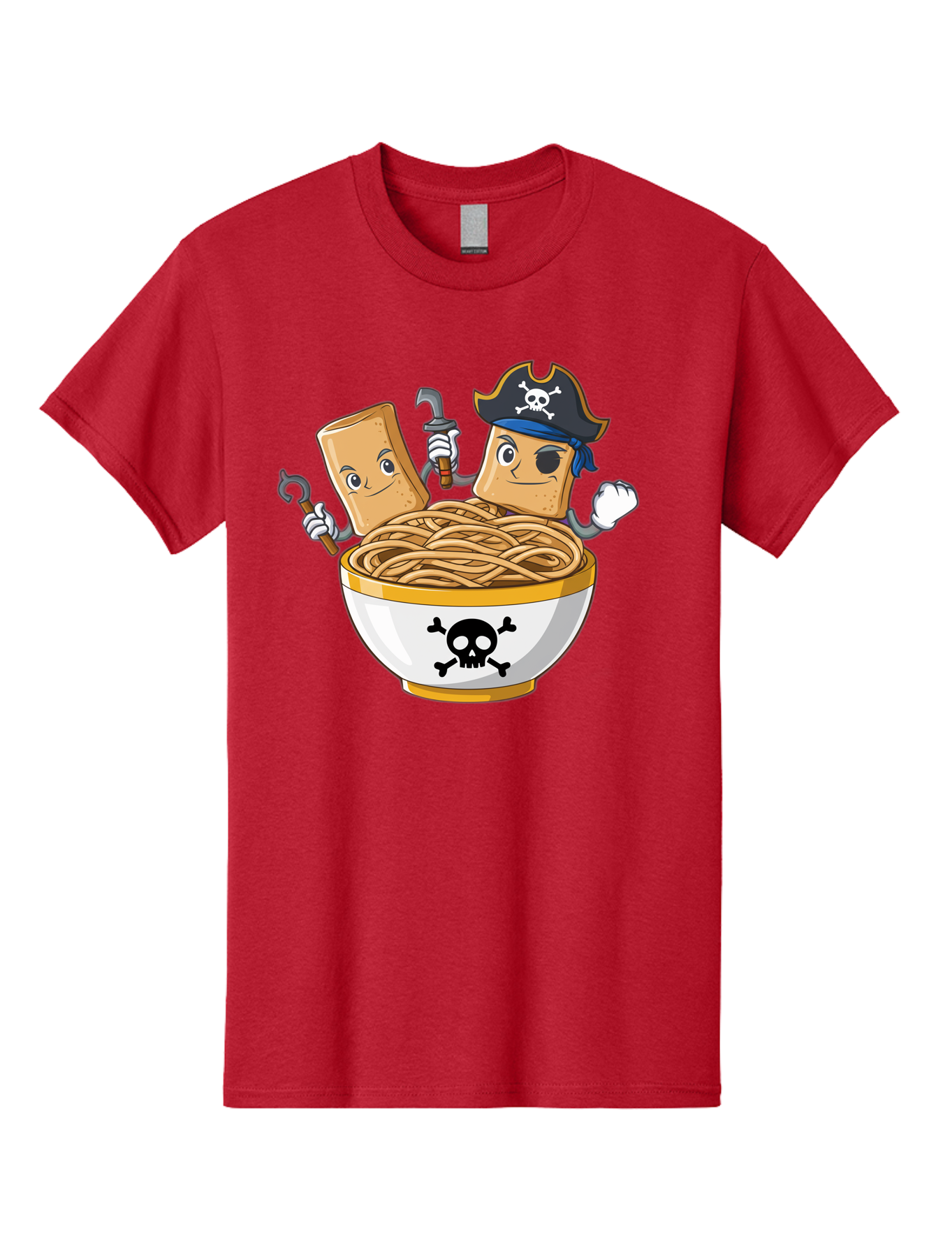 Crackers-In-A-Skull-Bowl Men'S Graphic Tee, 100% Cotton, Comfortable Casual Summer Wear, Machine Washable, Cartoon Crackers, Pirate-Themed, Noodles In Bowl, Skull And Crossbones, Playful Cartoon, Pirate Crackers, Animated Noodles, Baa412