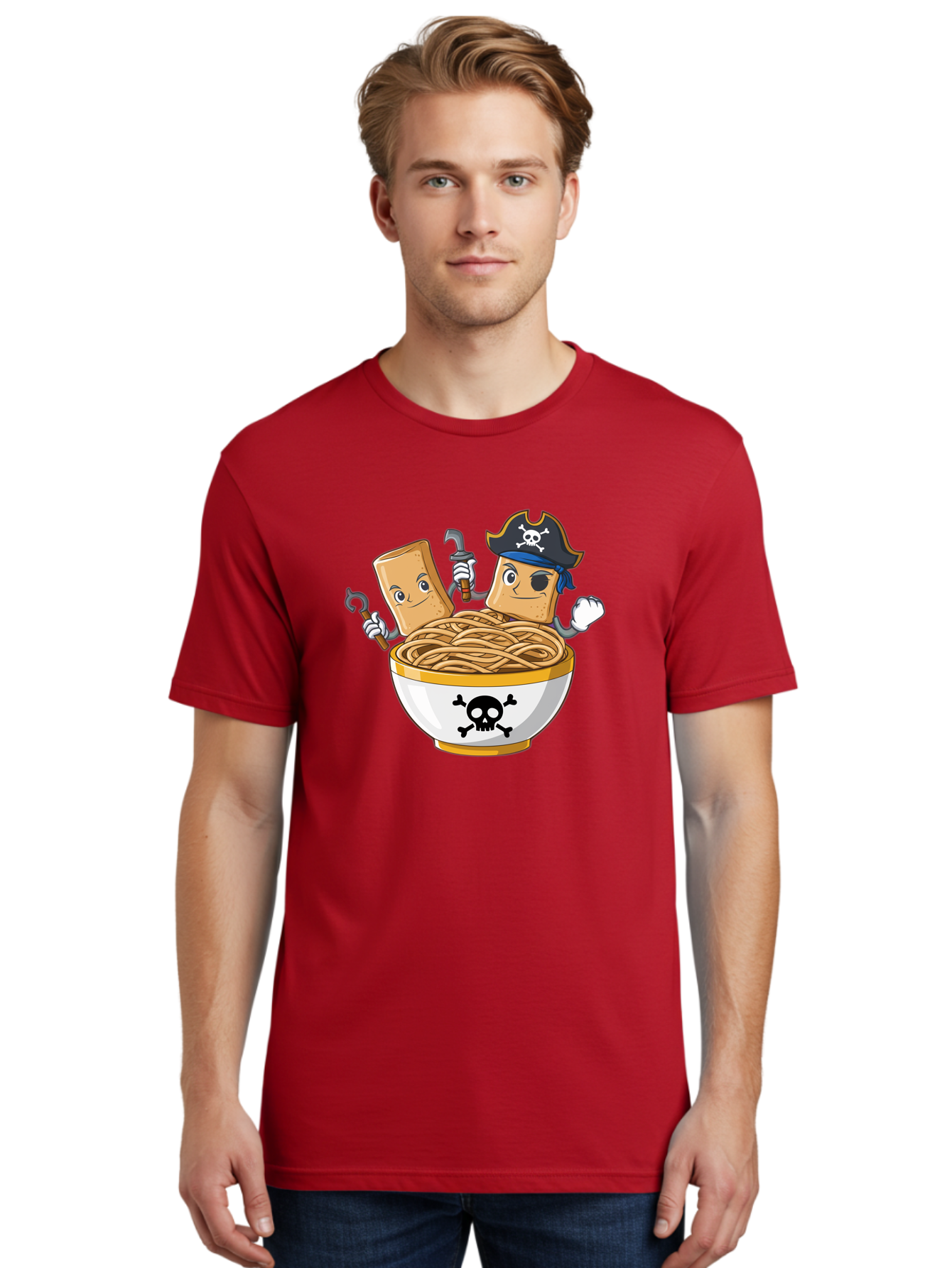 Crackers-In-A-Skull-Bowl Men'S Graphic Tee, 100% Cotton, Comfortable Casual Summer Wear, Machine Washable, Cartoon Crackers, Pirate-Themed, Noodles In Bowl, Skull And Crossbones, Playful Cartoon, Pirate Crackers, Animated Noodles, Baa412