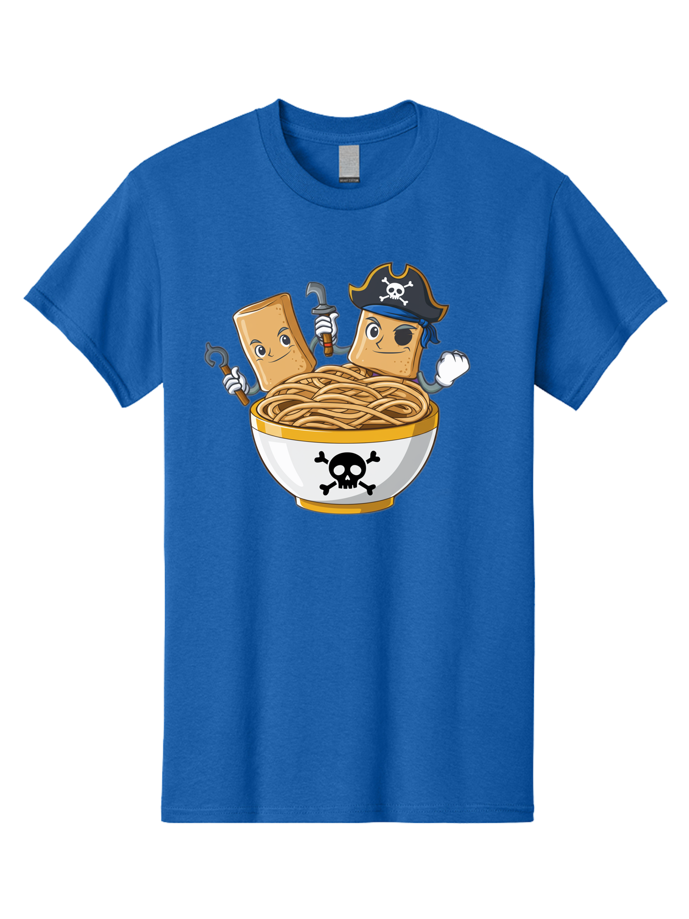 Crackers-In-A-Skull-Bowl Men'S Graphic Tee, 100% Cotton, Comfortable Casual Summer Wear, Machine Washable, Cartoon Crackers, Pirate-Themed, Noodles In Bowl, Skull And Crossbones, Playful Cartoon, Pirate Crackers, Animated Noodles, Baa412