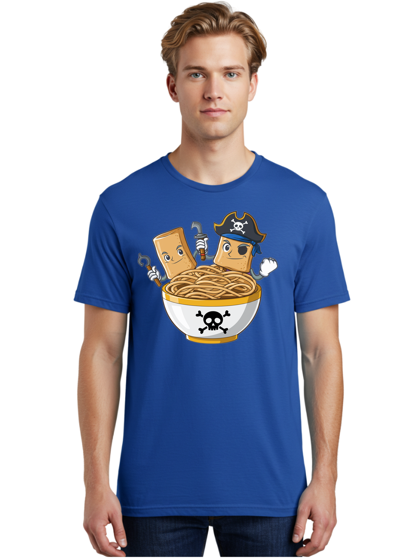 Crackers-In-A-Skull-Bowl Men'S Graphic Tee, 100% Cotton, Comfortable Casual Summer Wear, Machine Washable, Cartoon Crackers, Pirate-Themed, Noodles In Bowl, Skull And Crossbones, Playful Cartoon, Pirate Crackers, Animated Noodles, Baa412