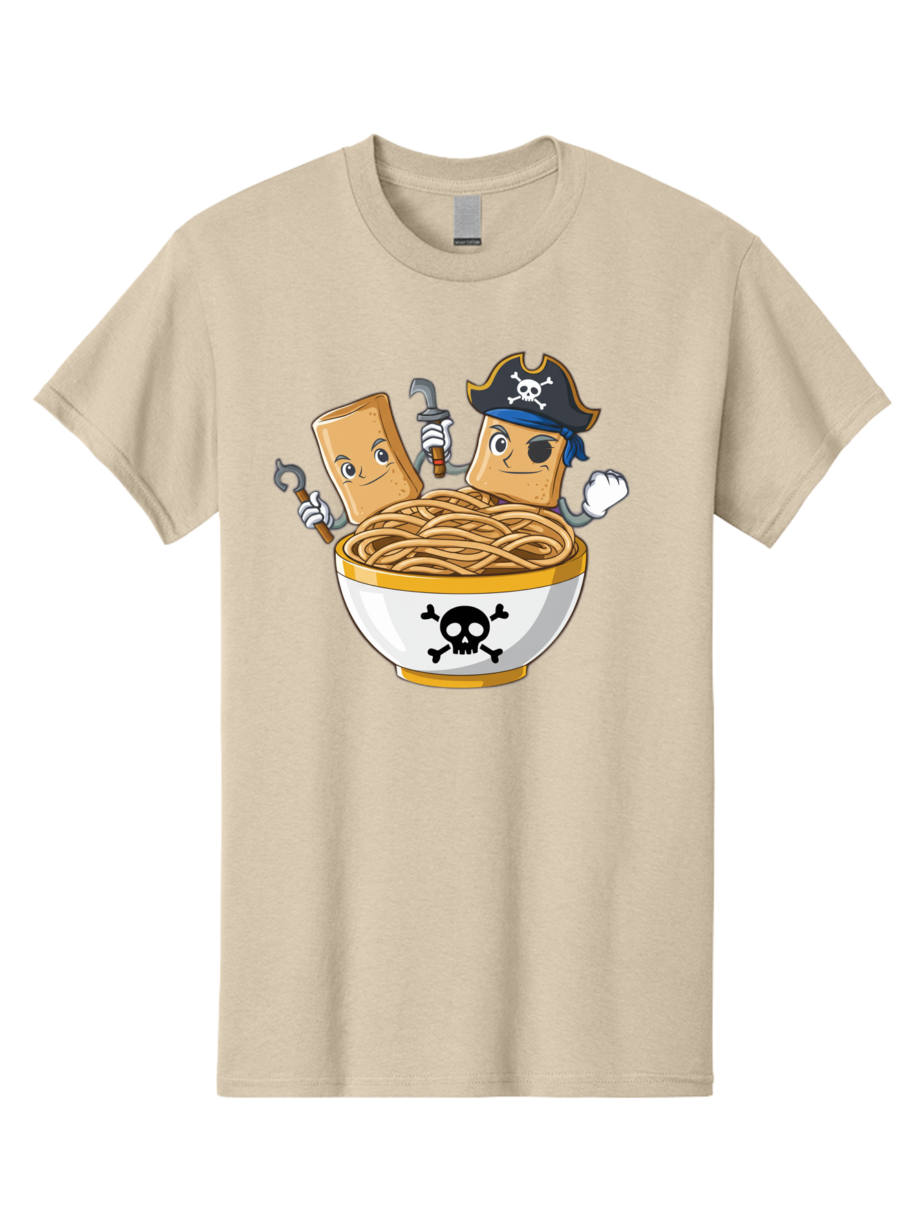 Crackers-In-A-Skull-Bowl Men'S Graphic Tee, 100% Cotton, Comfortable Casual Summer Wear, Machine Washable, Cartoon Crackers, Pirate-Themed, Noodles In Bowl, Skull And Crossbones, Playful Cartoon, Pirate Crackers, Animated Noodles, Baa412
