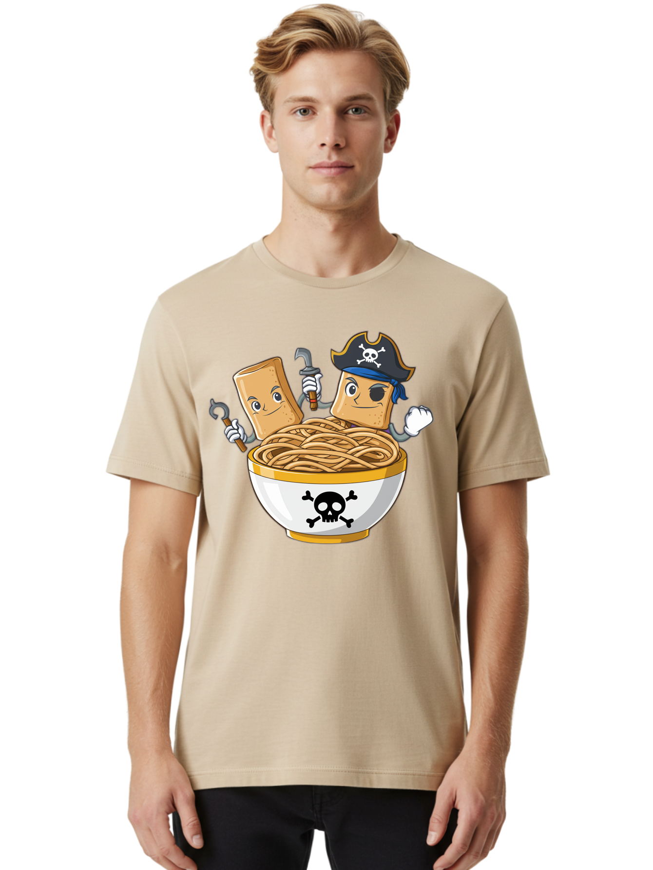 Crackers-In-A-Skull-Bowl Men'S Graphic Tee, 100% Cotton, Comfortable Casual Summer Wear, Machine Washable, Cartoon Crackers, Pirate-Themed, Noodles In Bowl, Skull And Crossbones, Playful Cartoon, Pirate Crackers, Animated Noodles, Baa412