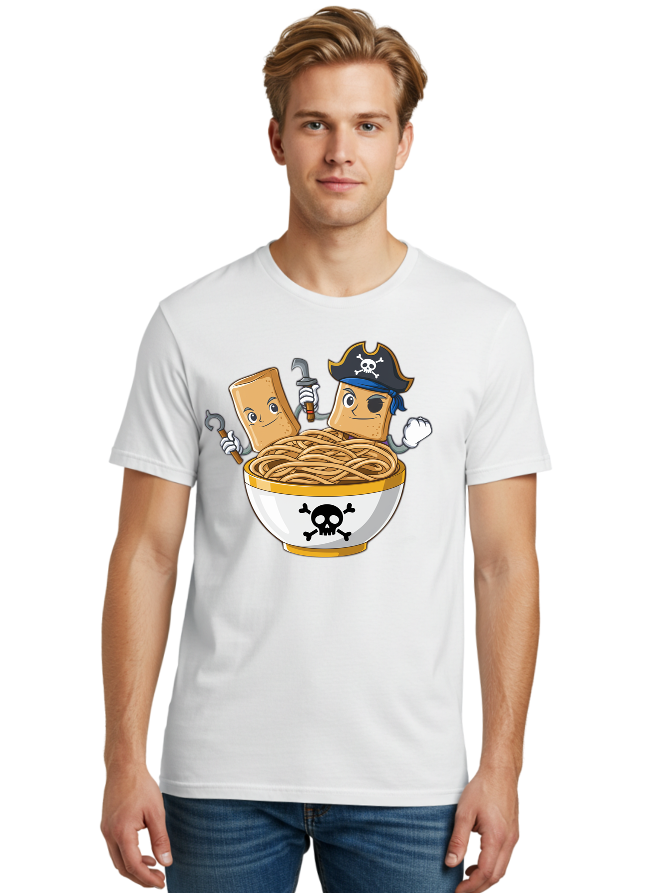 Crackers-In-A-Skull-Bowl Men'S Graphic Tee, 100% Cotton, Comfortable Casual Summer Wear, Machine Washable, Cartoon Crackers, Pirate-Themed, Noodles In Bowl, Skull And Crossbones, Playful Cartoon, Pirate Crackers, Animated Noodles, Baa412