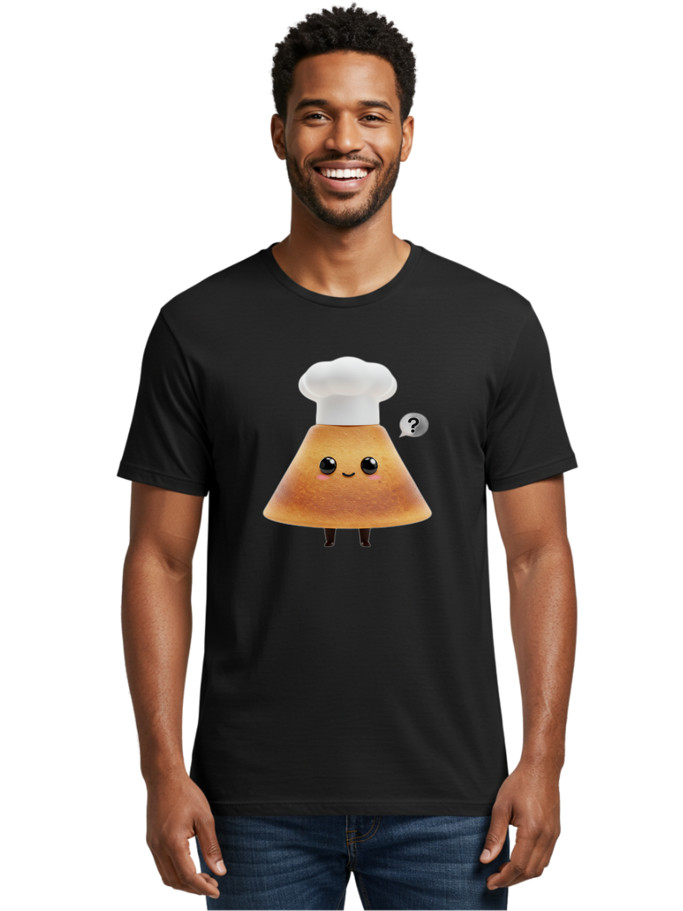 Crepe-Character Men'S Graphic Tee, 100% Cotton, Comfortable Casual Summer Wear, Machine Washable, Cartoon Beignet, Chef Hat, Adorable Character, Questioning Expression, Culinary Delight, Sweet Treat, Funny Illustration, Black Eyes, Baa413