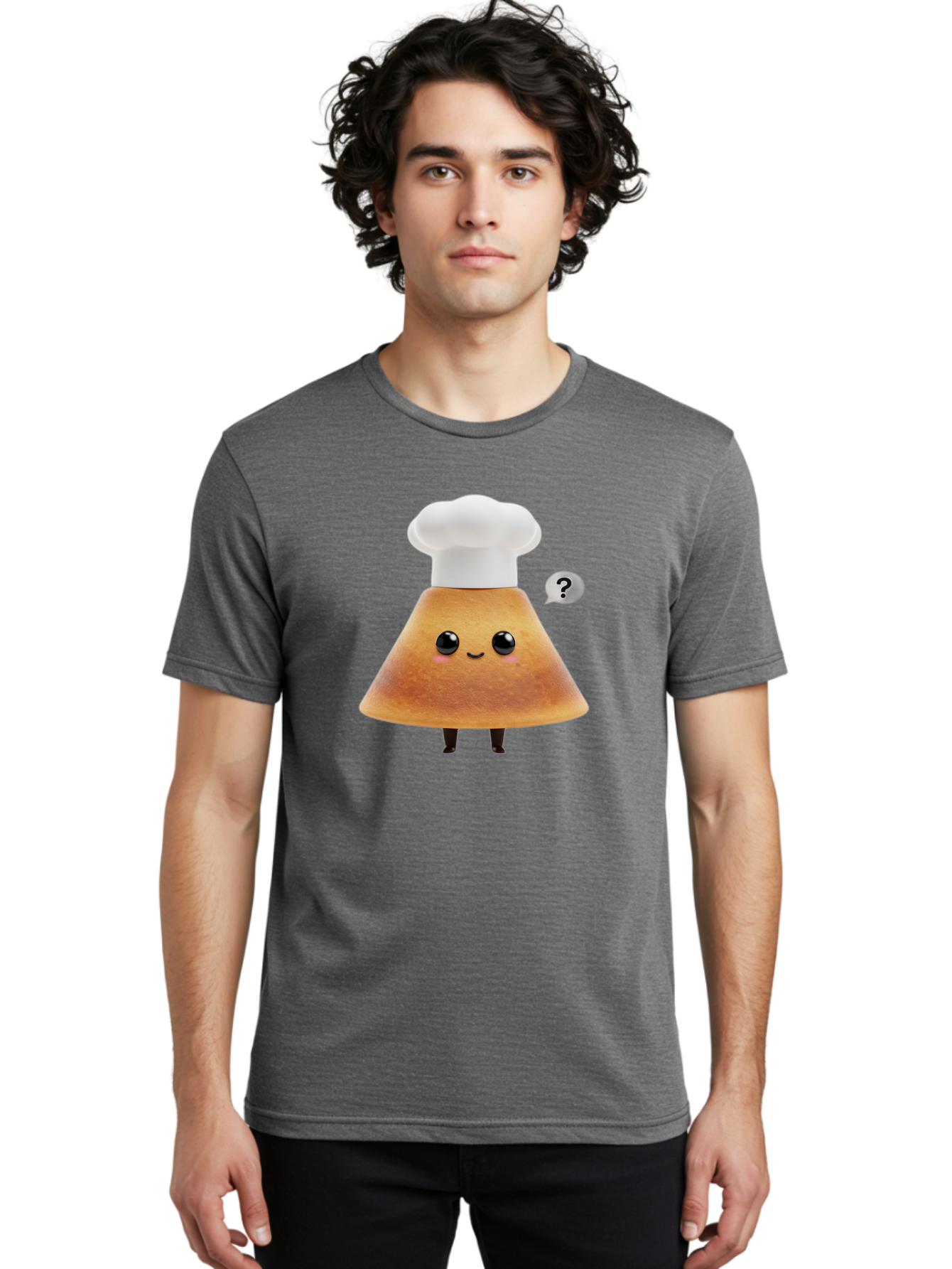 Crepe-Character Men'S Graphic Tee, 100% Cotton, Comfortable Casual Summer Wear, Machine Washable, Cartoon Beignet, Chef Hat, Adorable Character, Questioning Expression, Culinary Delight, Sweet Treat, Funny Illustration, Black Eyes, Baa413