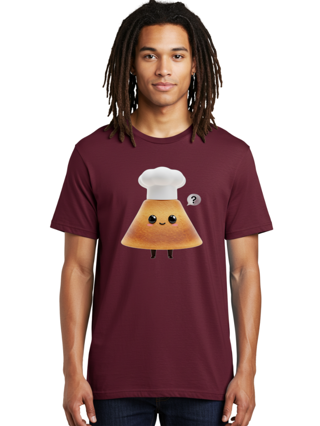 Crepe-Character Men'S Graphic Tee, 100% Cotton, Comfortable Casual Summer Wear, Machine Washable, Cartoon Beignet, Chef Hat, Adorable Character, Questioning Expression, Culinary Delight, Sweet Treat, Funny Illustration, Black Eyes, Baa413