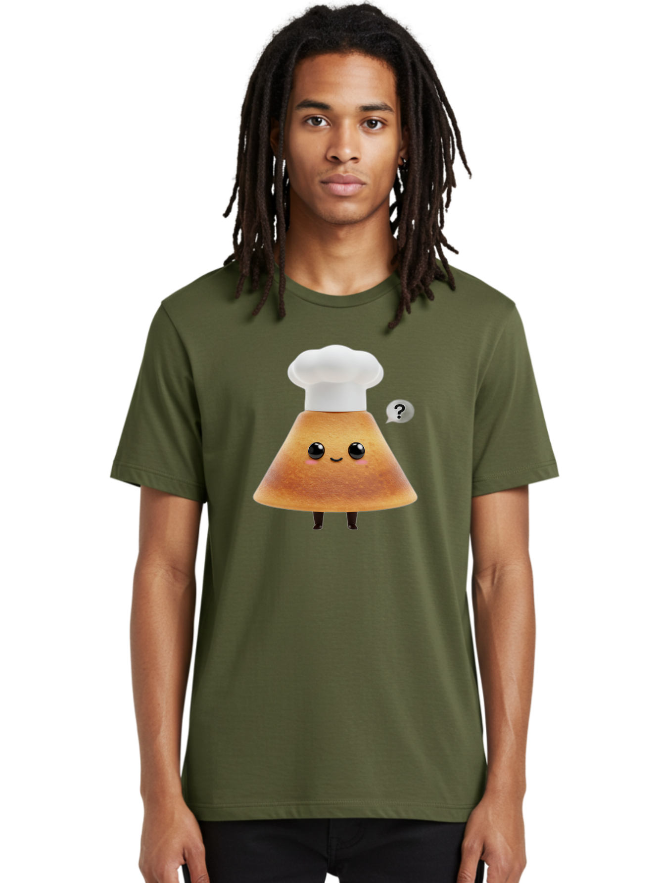 Crepe-Character Men'S Graphic Tee, 100% Cotton, Comfortable Casual Summer Wear, Machine Washable, Cartoon Beignet, Chef Hat, Adorable Character, Questioning Expression, Culinary Delight, Sweet Treat, Funny Illustration, Black Eyes, Baa413