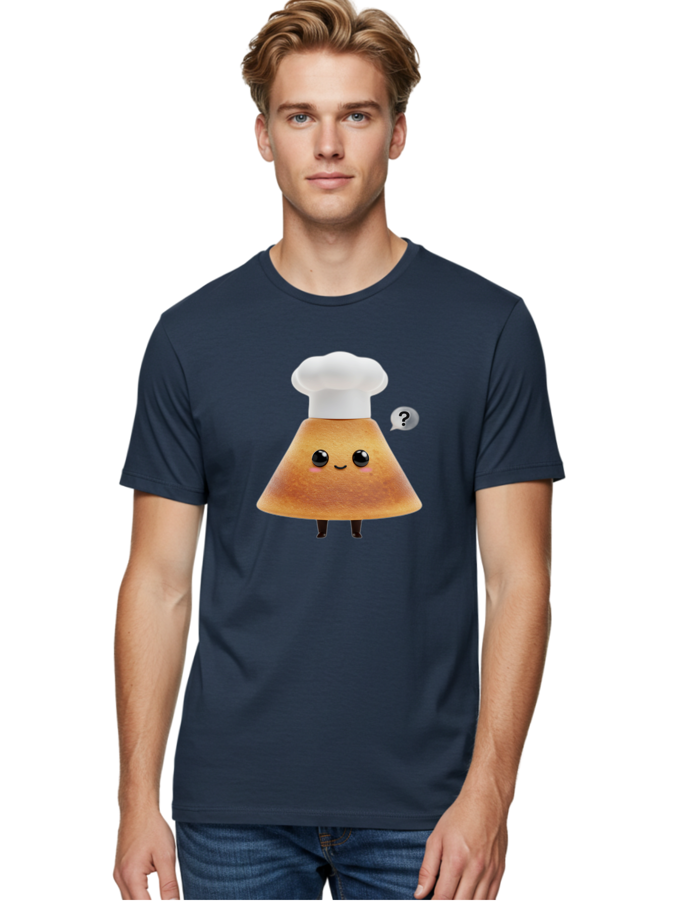 Crepe-Character Men'S Graphic Tee, 100% Cotton, Comfortable Casual Summer Wear, Machine Washable, Cartoon Beignet, Chef Hat, Adorable Character, Questioning Expression, Culinary Delight, Sweet Treat, Funny Illustration, Black Eyes, Baa413