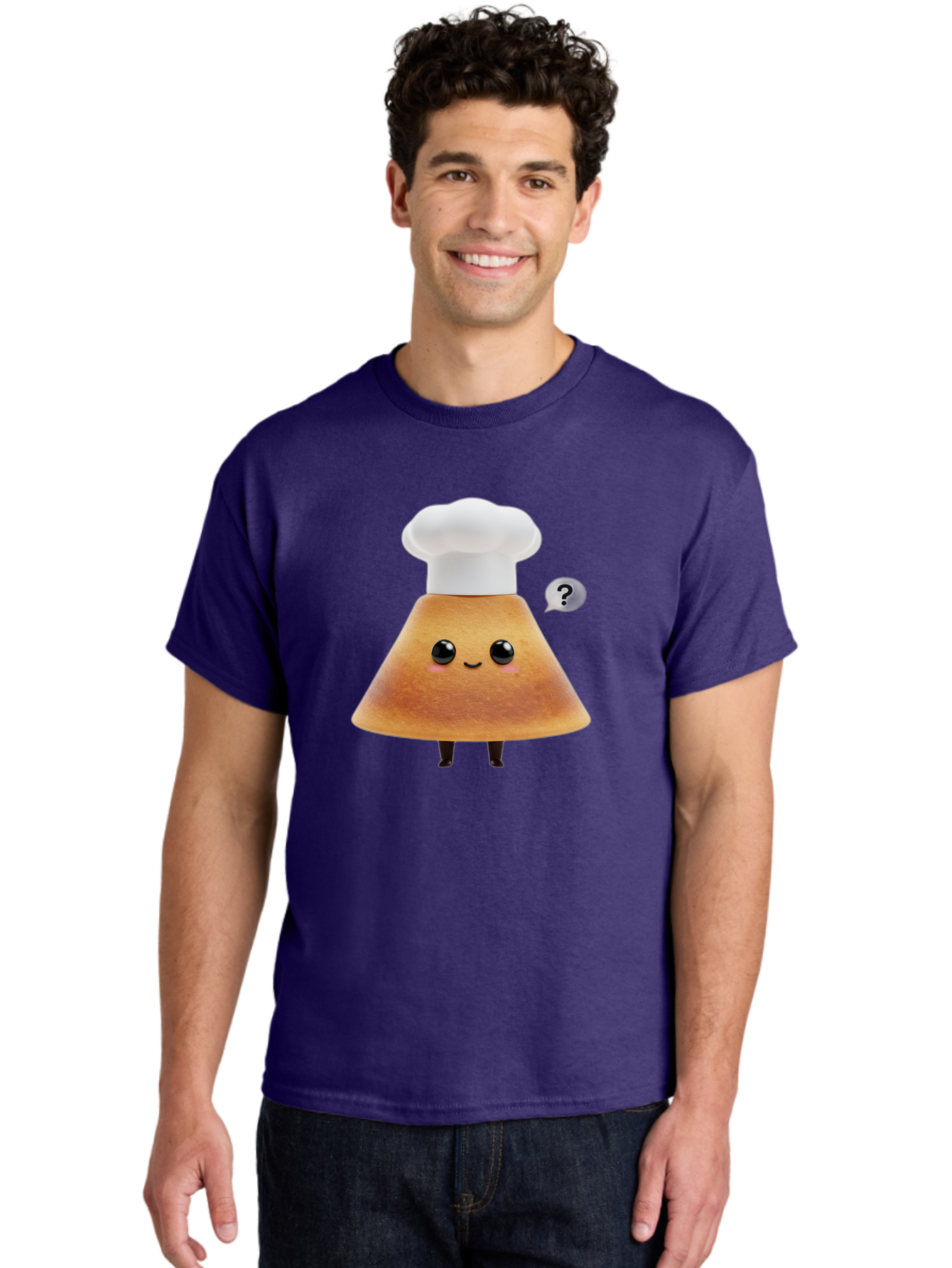 Crepe-Character Men'S Graphic Tee, 100% Cotton, Comfortable Casual Summer Wear, Machine Washable, Cartoon Beignet, Chef Hat, Adorable Character, Questioning Expression, Culinary Delight, Sweet Treat, Funny Illustration, Black Eyes, Baa413
