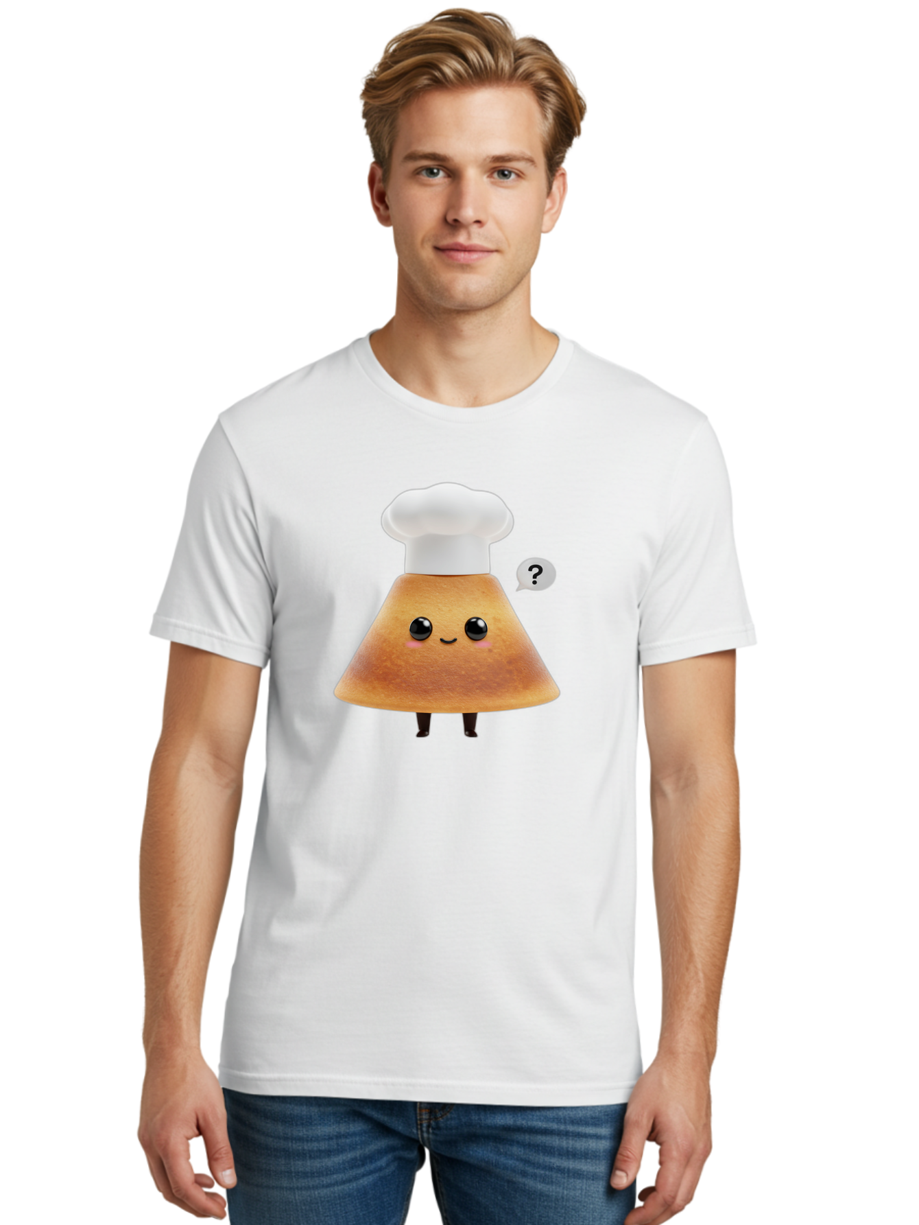 Crepe-Character Men'S Graphic Tee, 100% Cotton, Comfortable Casual Summer Wear, Machine Washable, Cartoon Beignet, Chef Hat, Adorable Character, Questioning Expression, Culinary Delight, Sweet Treat, Funny Illustration, Black Eyes, Baa413
