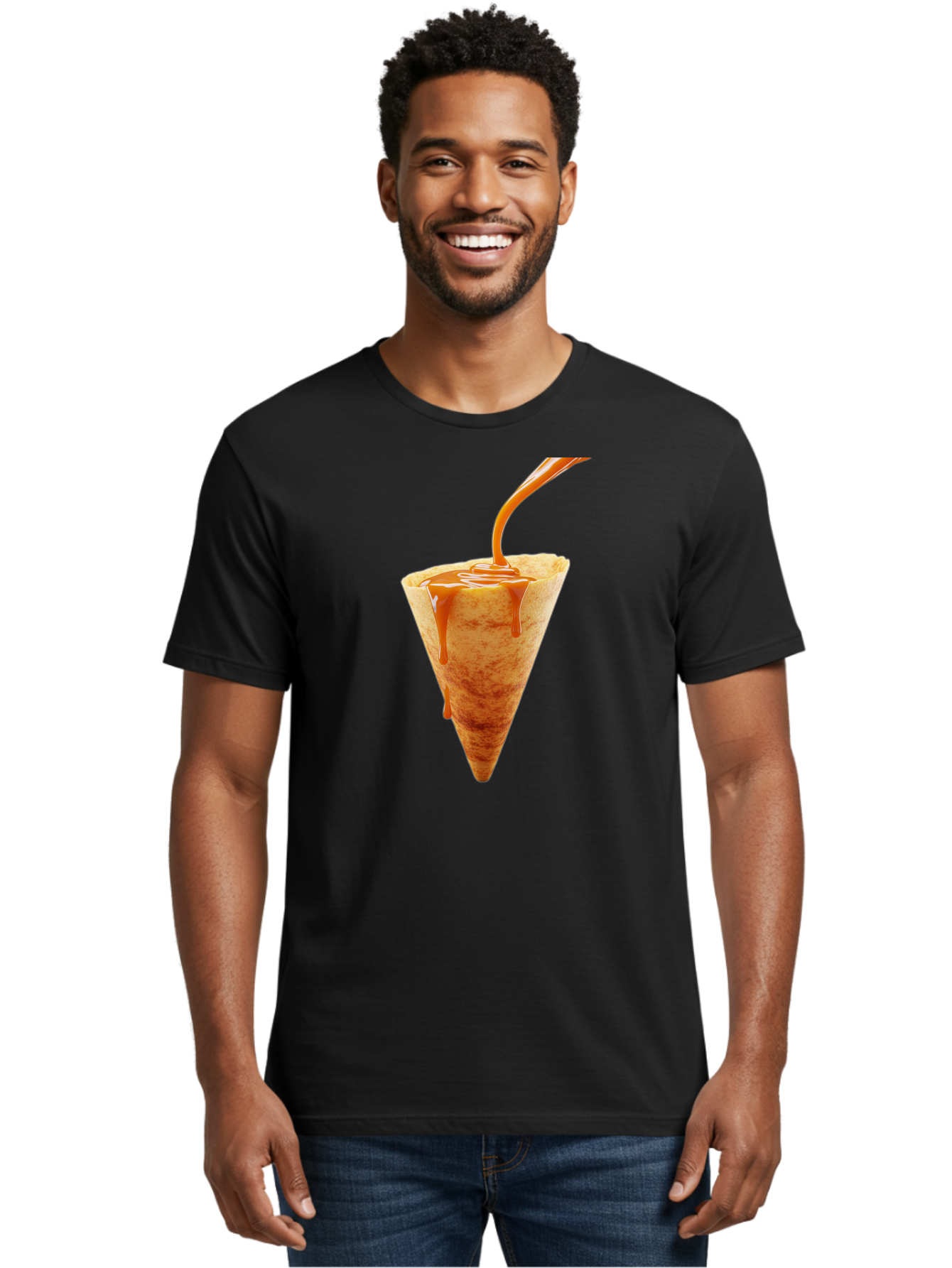 Crepe-With-Caramel-Sauce Men'S Graphic Tee, 100% Cotton, Comfortable Casual Summer Wear, Machine Washable, Caramel Sauce, Crepe, Sweet Treat, Dessert, Creamy Topping, Indulgent, French Cuisine, Caramel Drizzle, Pastry Baa415