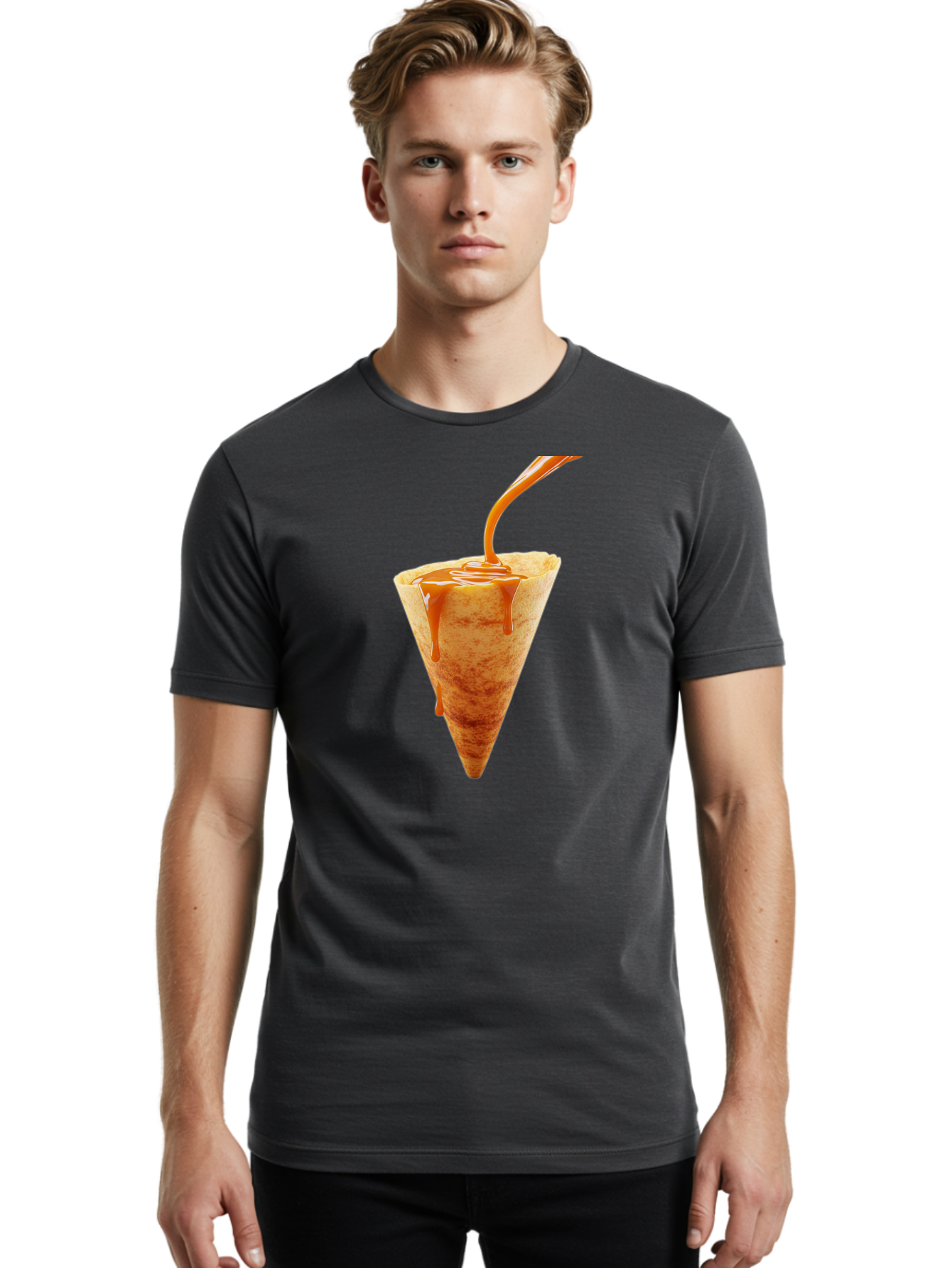 Crepe-With-Caramel-Sauce Men'S Graphic Tee, 100% Cotton, Comfortable Casual Summer Wear, Machine Washable, Caramel Sauce, Crepe, Sweet Treat, Dessert, Creamy Topping, Indulgent, French Cuisine, Caramel Drizzle, Pastry Baa415