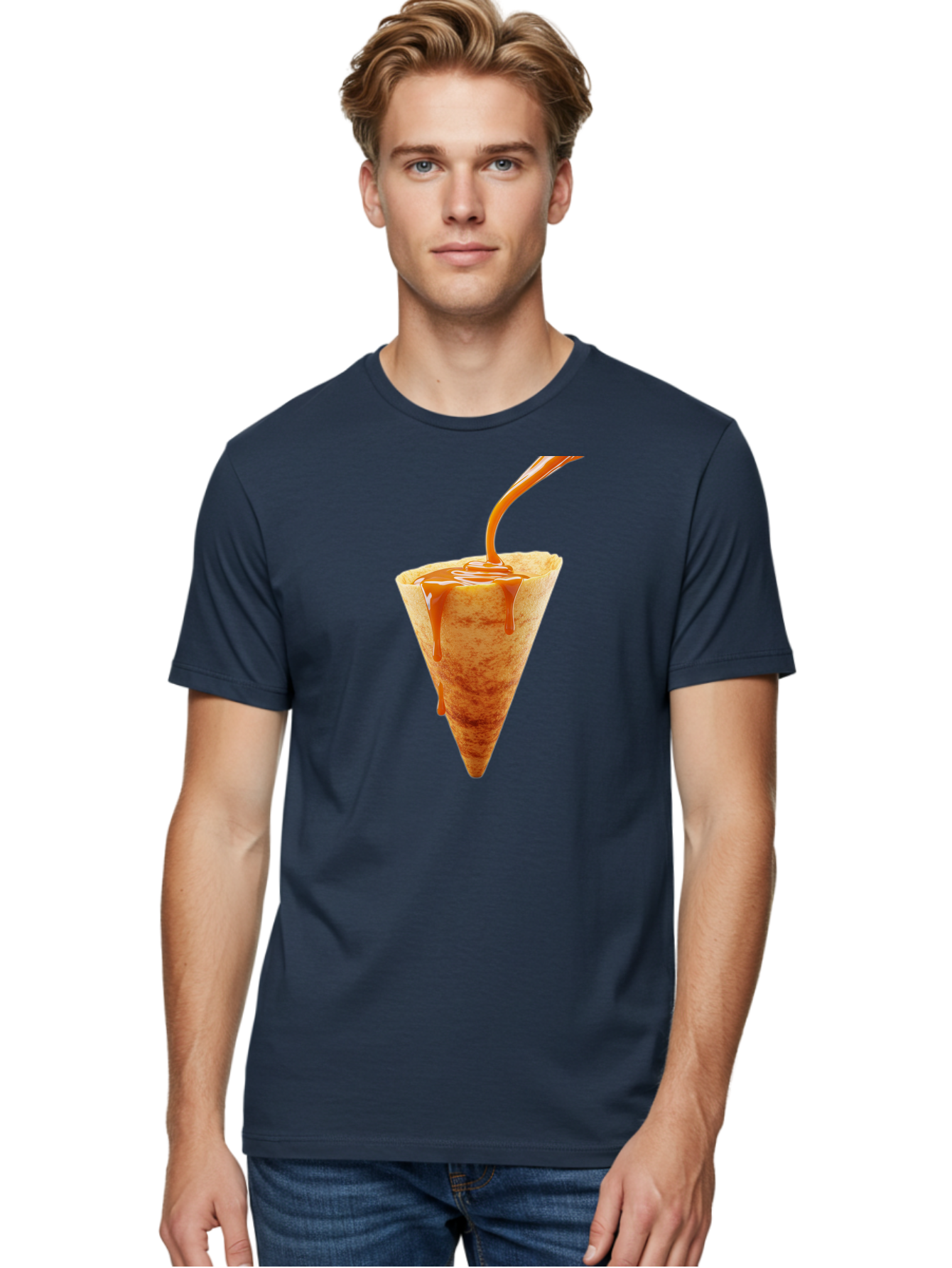 Crepe-With-Caramel-Sauce Men'S Graphic Tee, 100% Cotton, Comfortable Casual Summer Wear, Machine Washable, Caramel Sauce, Crepe, Sweet Treat, Dessert, Creamy Topping, Indulgent, French Cuisine, Caramel Drizzle, Pastry Baa415
