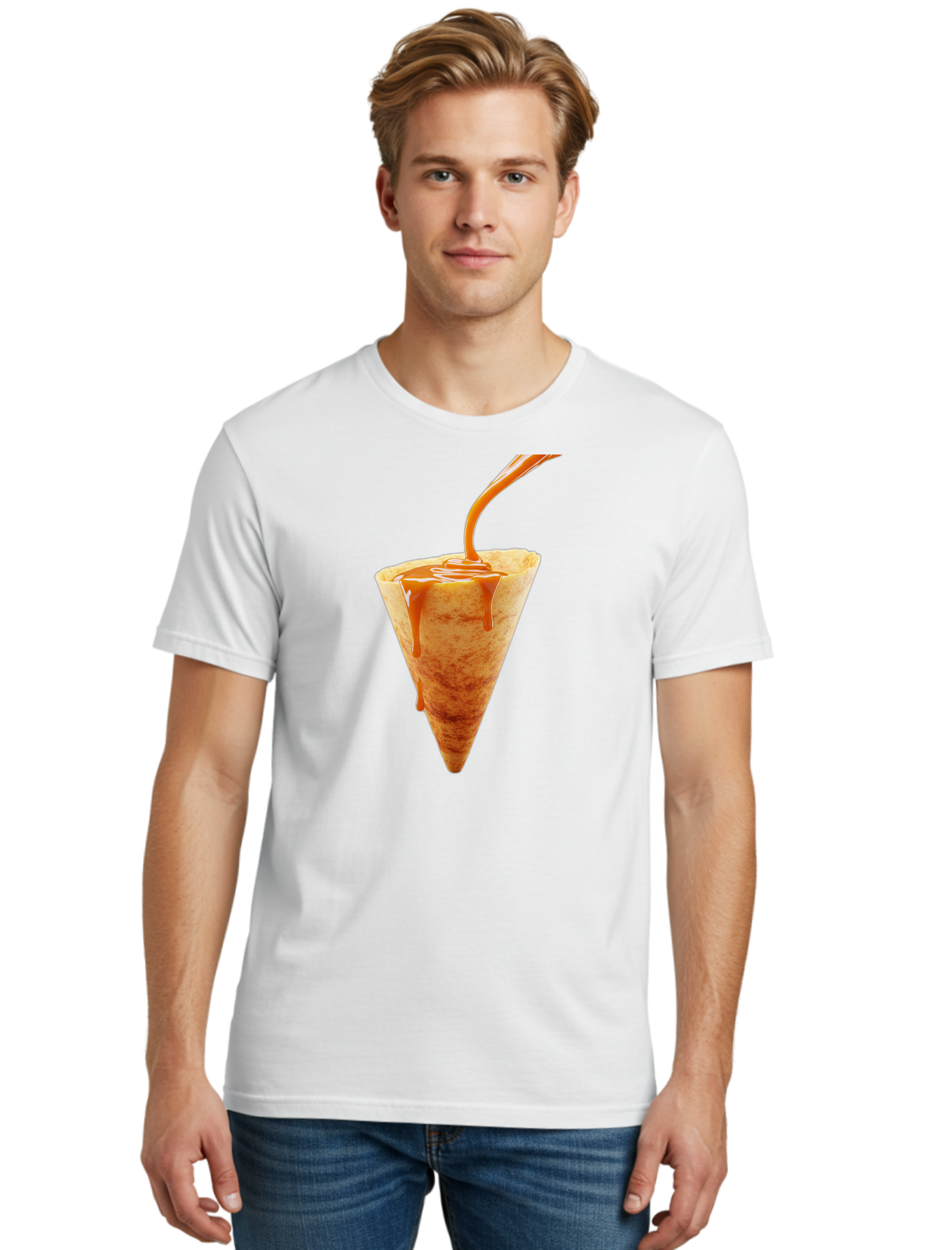 Crepe-With-Caramel-Sauce Men'S Graphic Tee, 100% Cotton, Comfortable Casual Summer Wear, Machine Washable, Caramel Sauce, Crepe, Sweet Treat, Dessert, Creamy Topping, Indulgent, French Cuisine, Caramel Drizzle, Pastry Baa415
