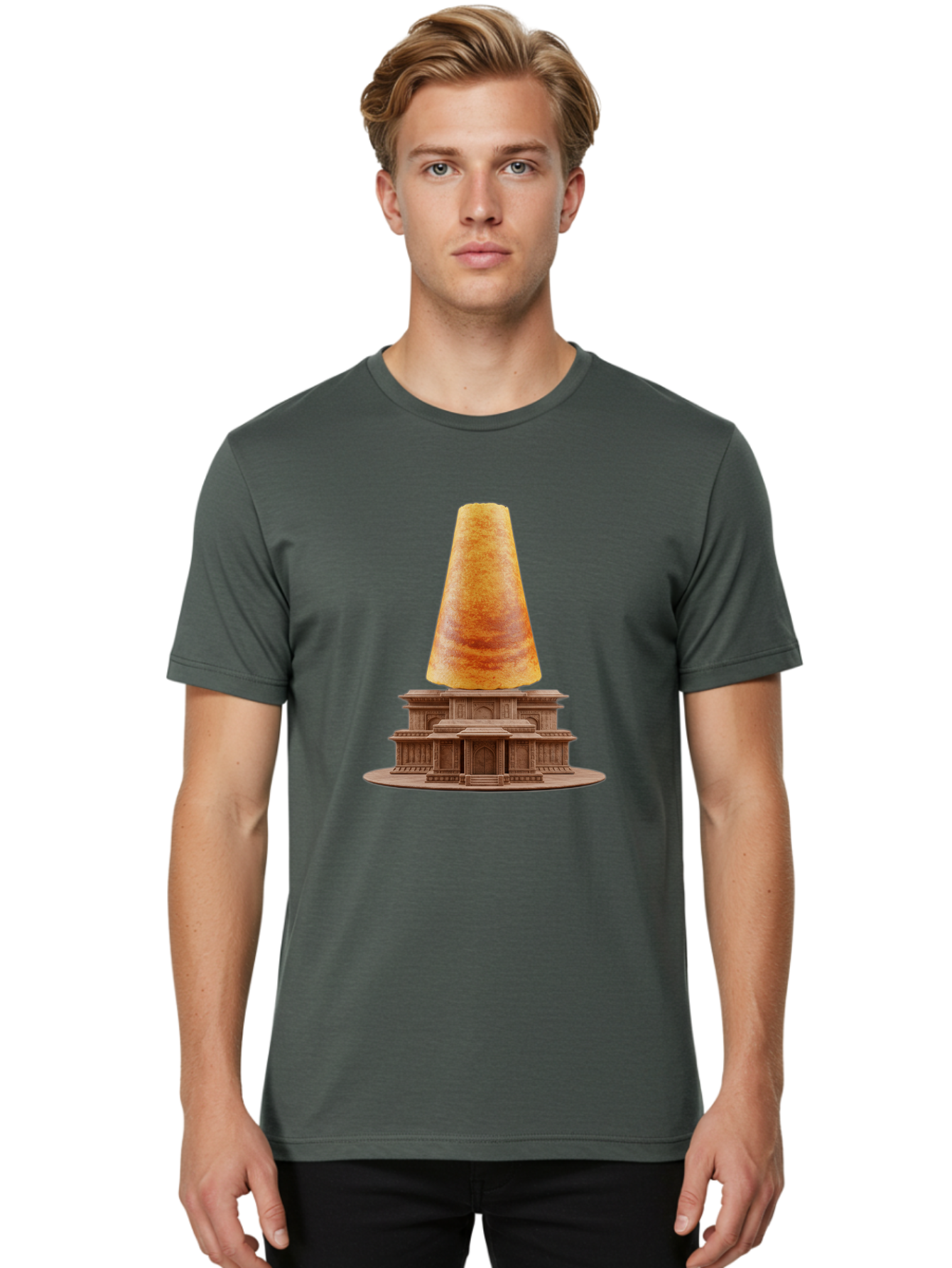 Croissant-On-Monument Men'S Graphic Tee, 100% Cotton, Comfortable Casual Summer Wear, Machine Washable, Tortilla On Building, Food Art, Creative Sculpture, Humorous Display, Unusual Architecture, Quirky Design, Funny Meme, Satirical Art Baa418
