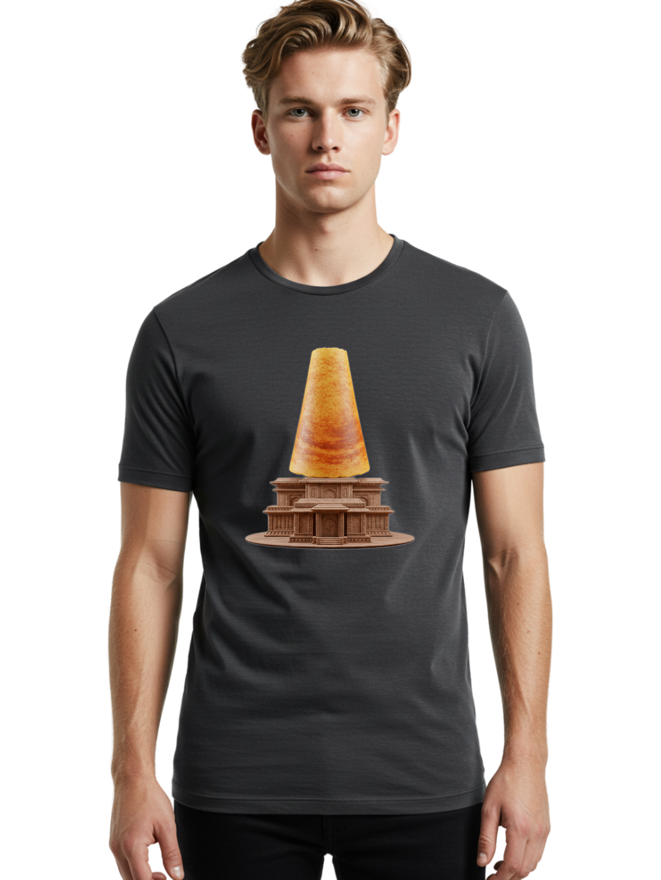 Croissant-On-Monument Men'S Graphic Tee, 100% Cotton, Comfortable Casual Summer Wear, Machine Washable, Tortilla On Building, Food Art, Creative Sculpture, Humorous Display, Unusual Architecture, Quirky Design, Funny Meme, Satirical Art Baa418