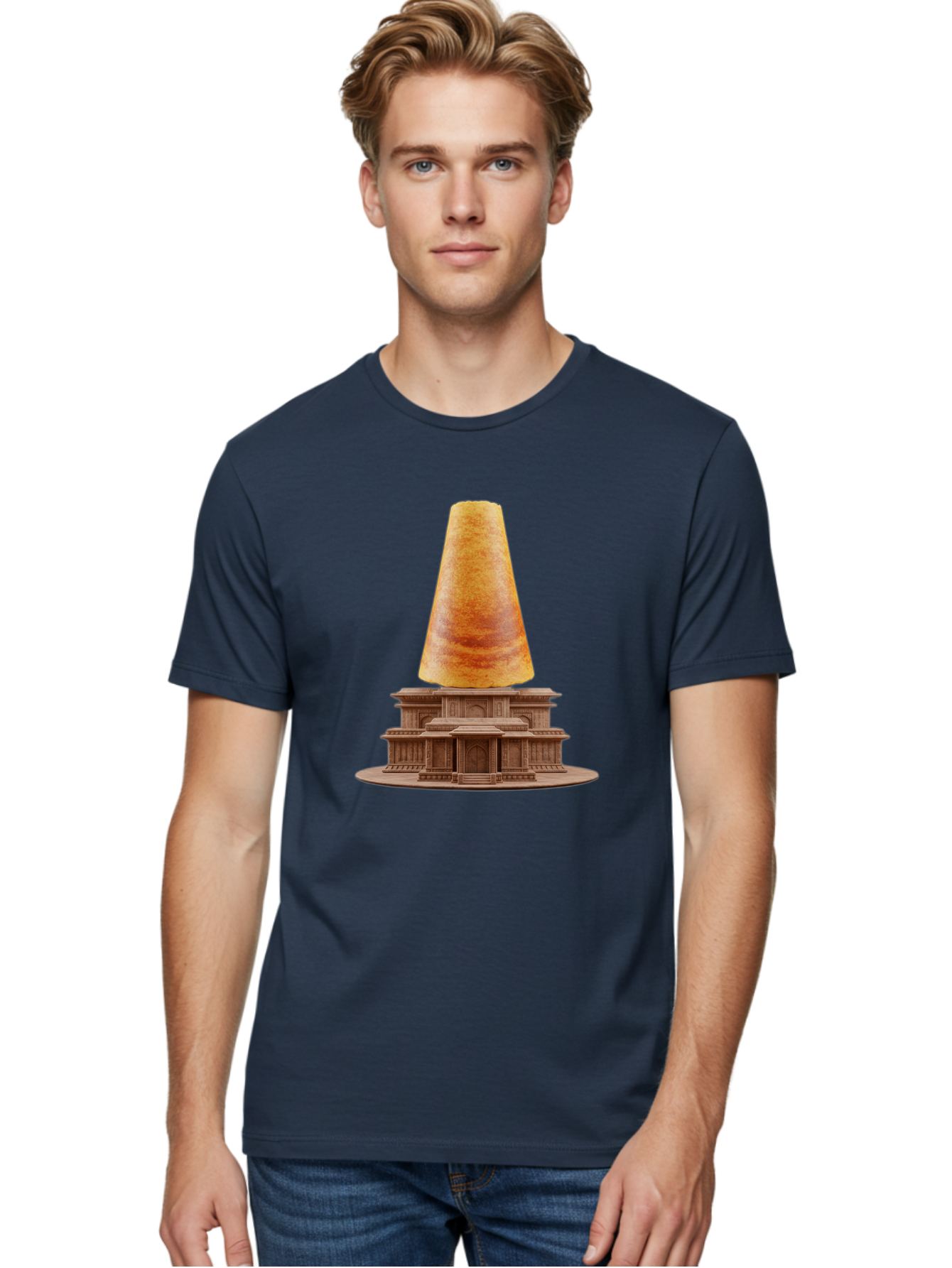Croissant-On-Monument Men'S Graphic Tee, 100% Cotton, Comfortable Casual Summer Wear, Machine Washable, Tortilla On Building, Food Art, Creative Sculpture, Humorous Display, Unusual Architecture, Quirky Design, Funny Meme, Satirical Art Baa418
