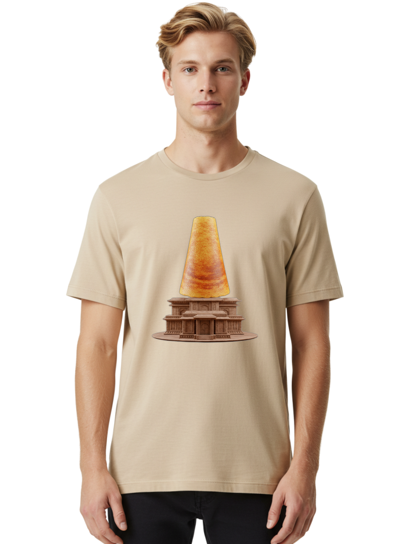 Croissant-On-Monument Men'S Graphic Tee, 100% Cotton, Comfortable Casual Summer Wear, Machine Washable, Tortilla On Building, Food Art, Creative Sculpture, Humorous Display, Unusual Architecture, Quirky Design, Funny Meme, Satirical Art Baa418