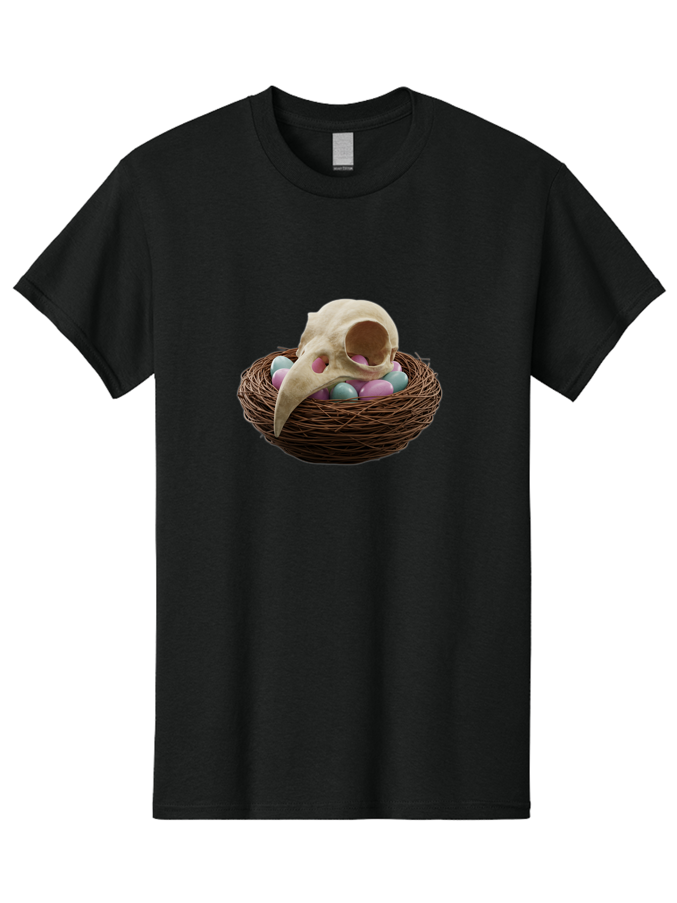 Crow-Skull-In-Nest Men'S Graphic Tee, 100% Cotton, Comfortable Casual Summer Wear, Machine Washable, Bird Skull In Nest, Pastel Eggs, Nest With Eggs, Bird Nest, Unusual Art, Surrealism, Quirky Decor, Unique Design, Bird Skull Art, Baa419