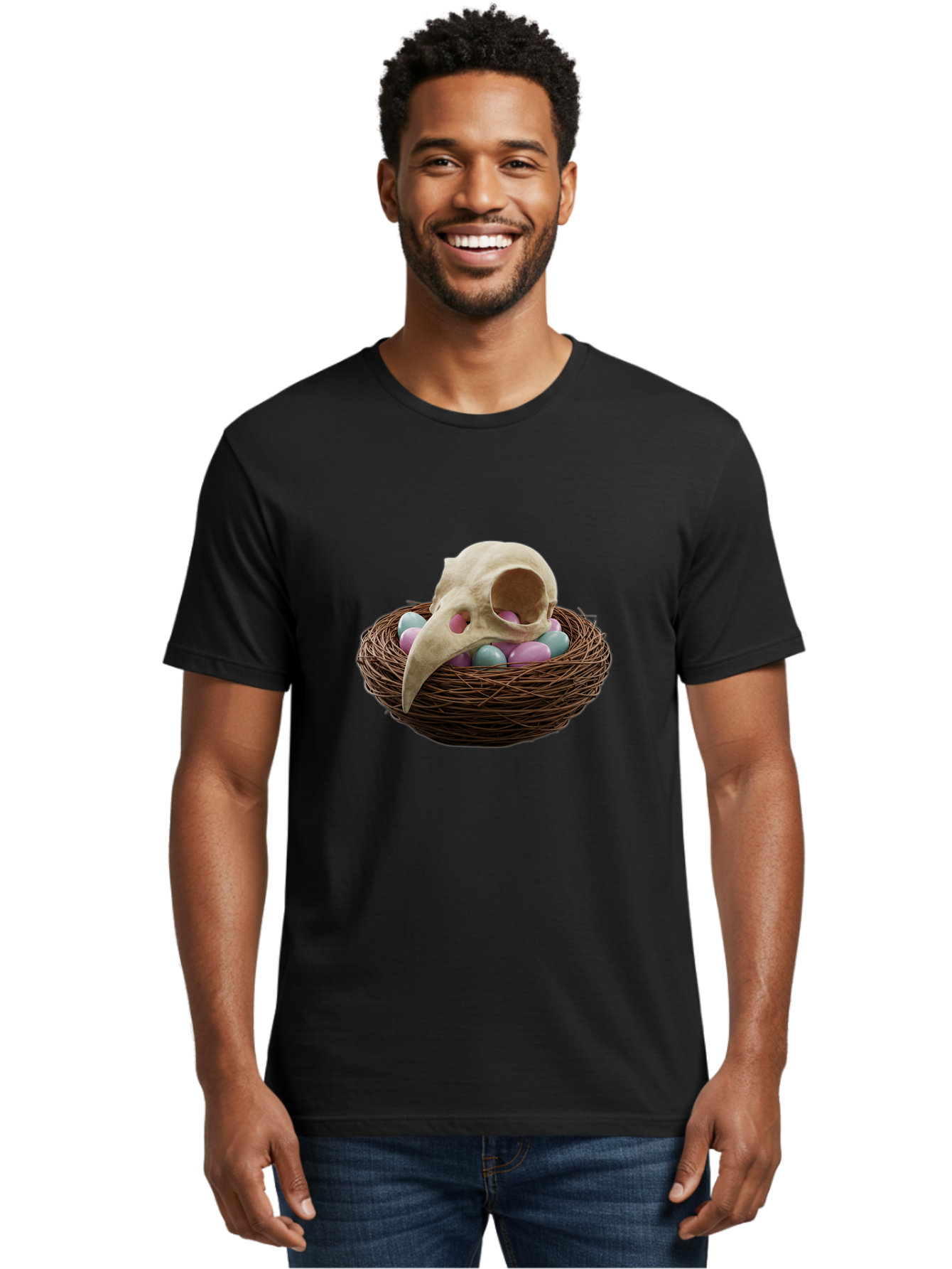 Crow-Skull-In-Nest Men'S Graphic Tee, 100% Cotton, Comfortable Casual Summer Wear, Machine Washable, Bird Skull In Nest, Pastel Eggs, Nest With Eggs, Bird Nest, Unusual Art, Surrealism, Quirky Decor, Unique Design, Bird Skull Art, Baa419