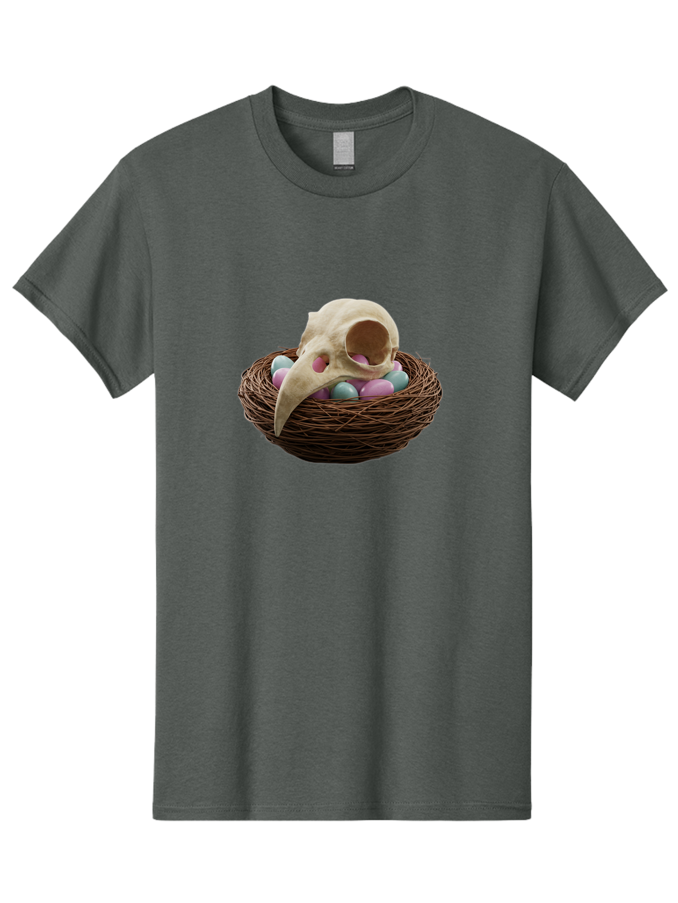 Crow-Skull-In-Nest Men'S Graphic Tee, 100% Cotton, Comfortable Casual Summer Wear, Machine Washable, Bird Skull In Nest, Pastel Eggs, Nest With Eggs, Bird Nest, Unusual Art, Surrealism, Quirky Decor, Unique Design, Bird Skull Art, Baa419