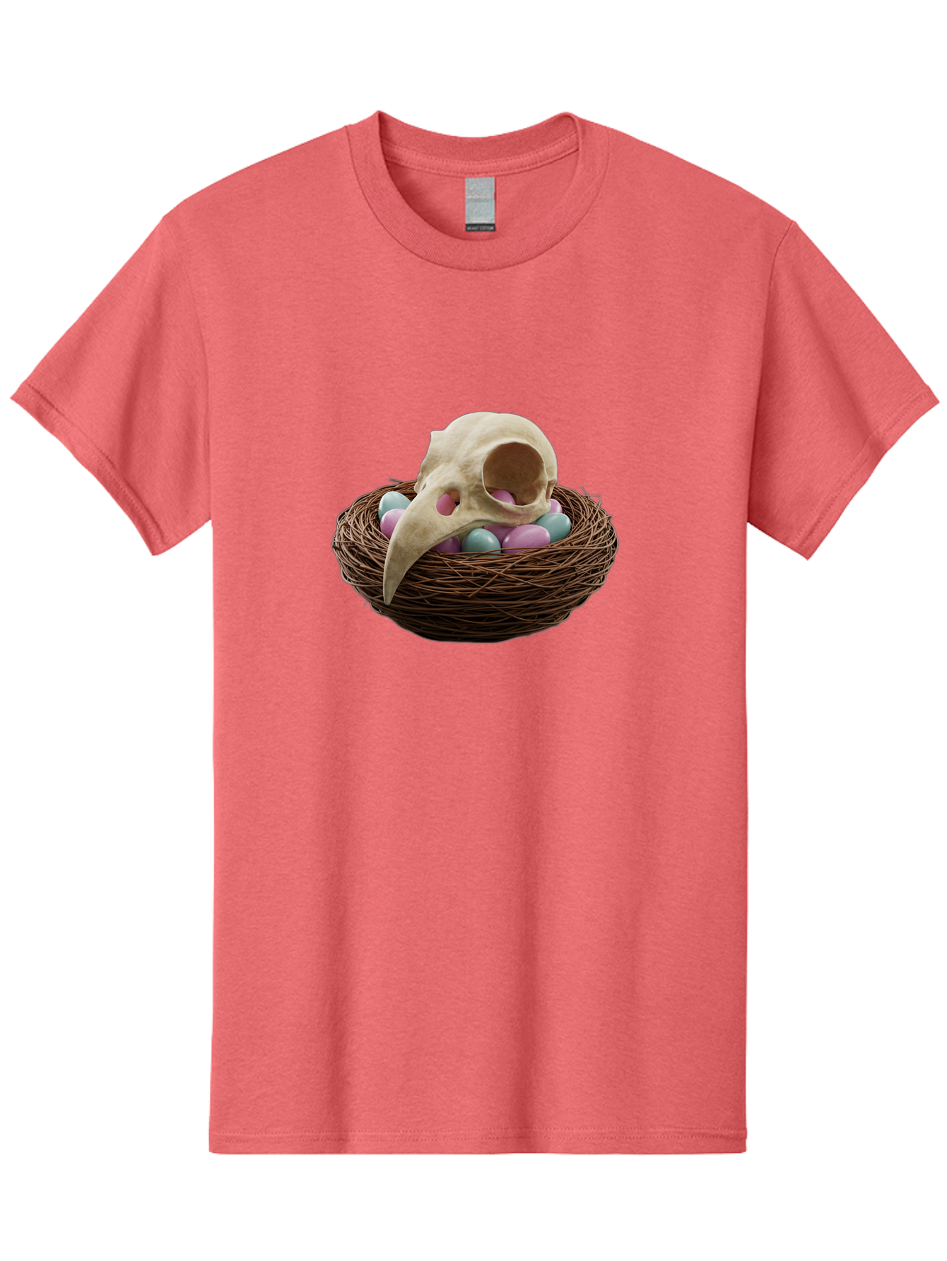 Crow-Skull-In-Nest Men'S Graphic Tee, 100% Cotton, Comfortable Casual Summer Wear, Machine Washable, Bird Skull In Nest, Pastel Eggs, Nest With Eggs, Bird Nest, Unusual Art, Surrealism, Quirky Decor, Unique Design, Bird Skull Art, Baa419