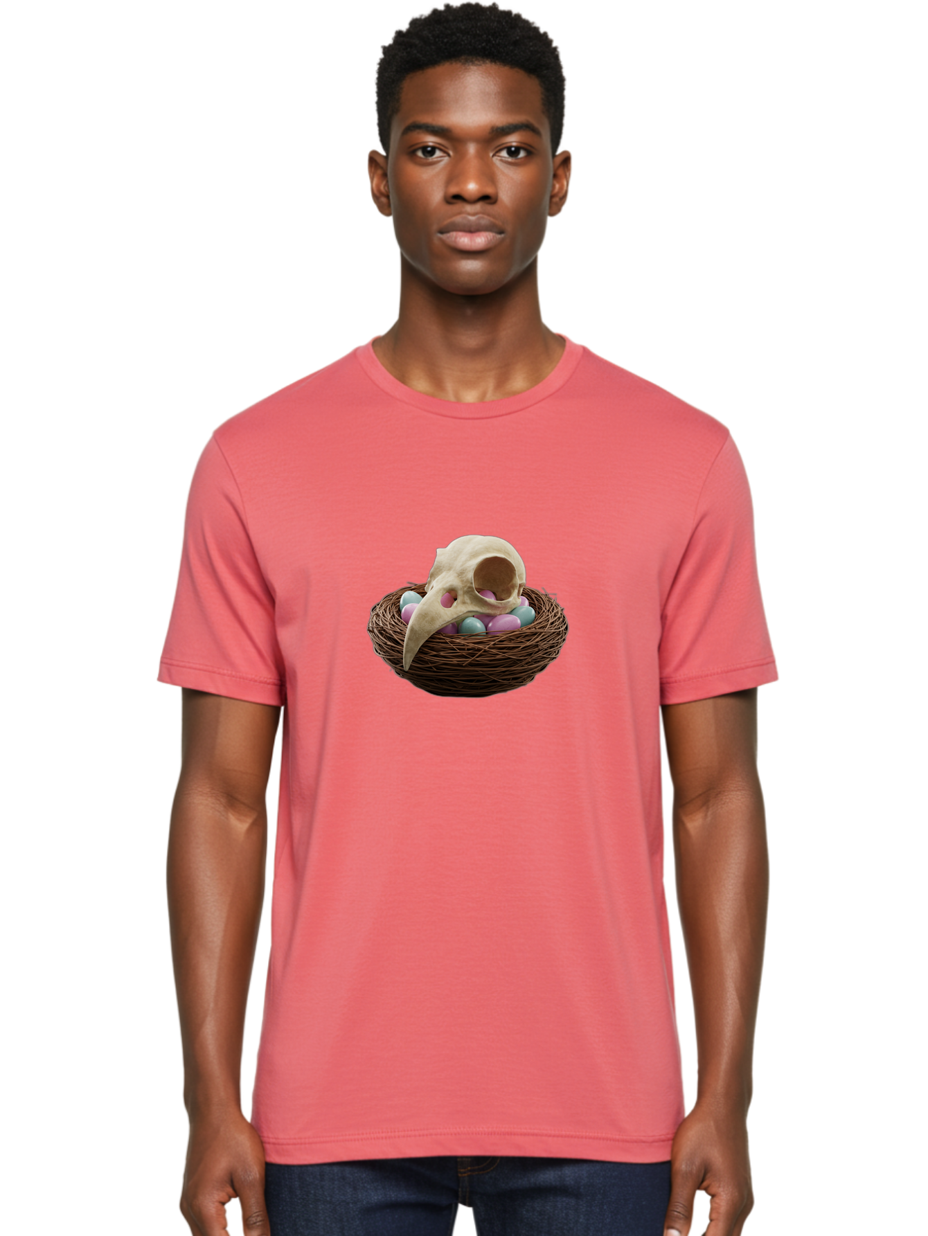 Crow-Skull-In-Nest Men'S Graphic Tee, 100% Cotton, Comfortable Casual Summer Wear, Machine Washable, Bird Skull In Nest, Pastel Eggs, Nest With Eggs, Bird Nest, Unusual Art, Surrealism, Quirky Decor, Unique Design, Bird Skull Art, Baa419