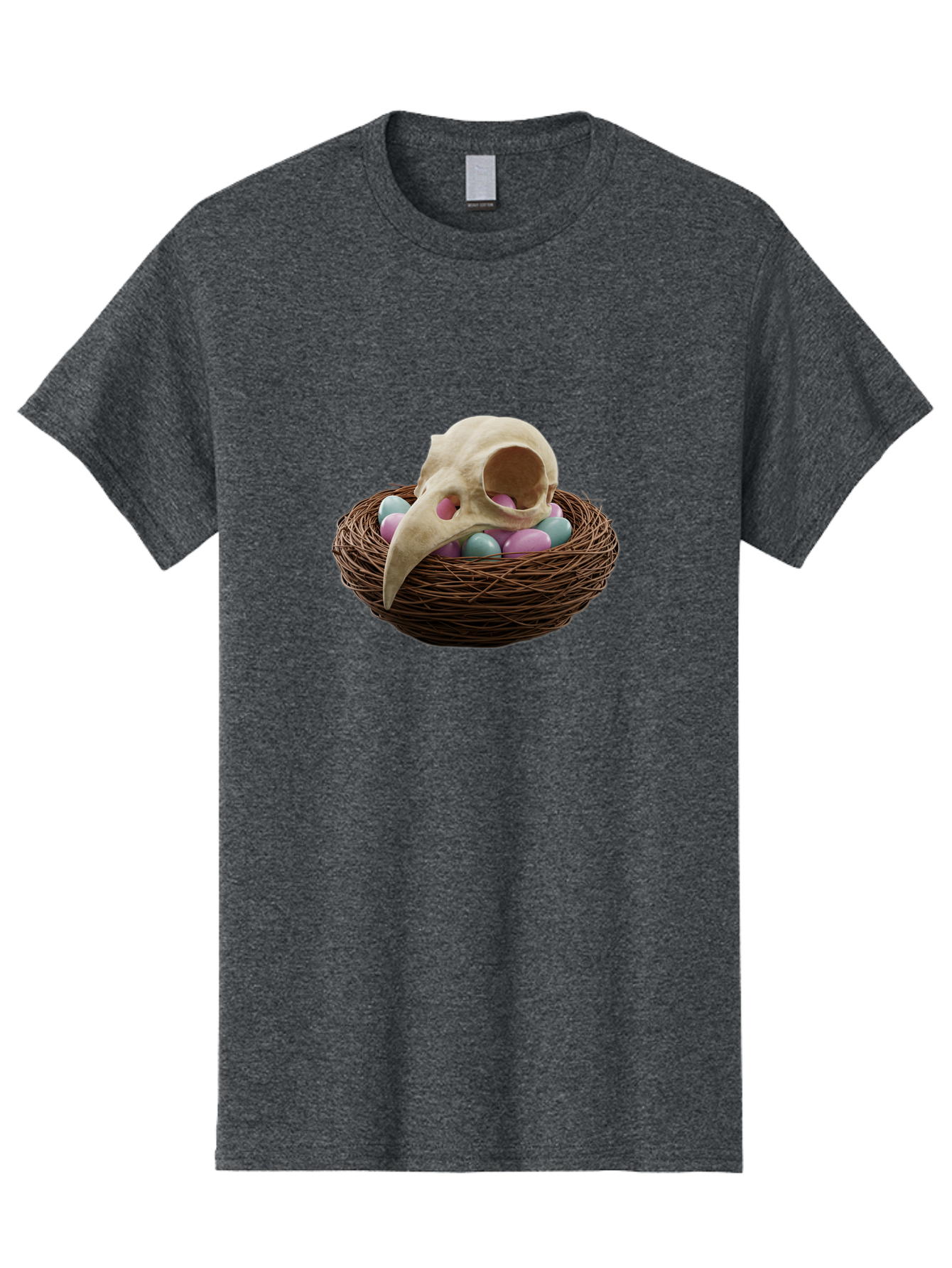 Crow-Skull-In-Nest Men'S Graphic Tee, 100% Cotton, Comfortable Casual Summer Wear, Machine Washable, Bird Skull In Nest, Pastel Eggs, Nest With Eggs, Bird Nest, Unusual Art, Surrealism, Quirky Decor, Unique Design, Bird Skull Art, Baa419