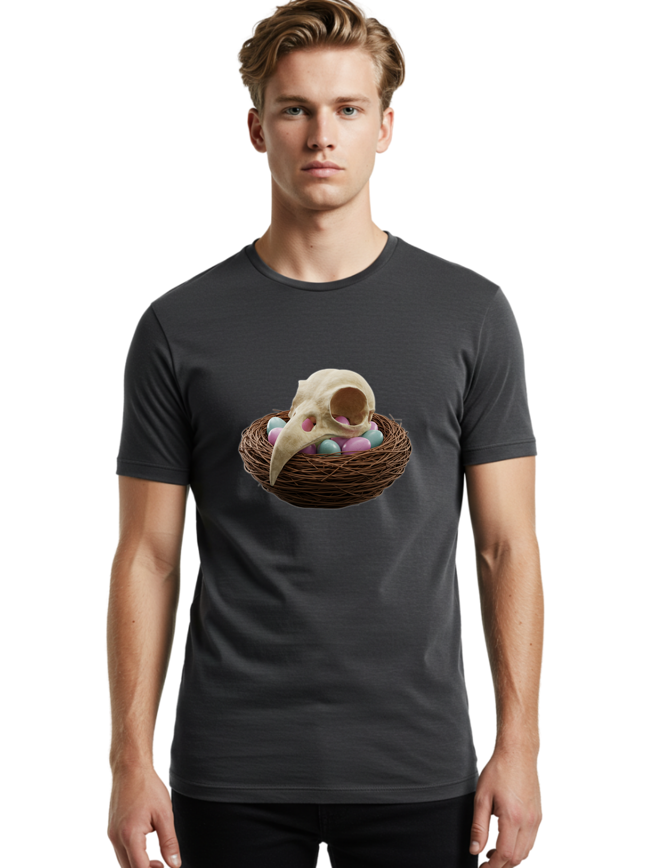 Crow-Skull-In-Nest Men'S Graphic Tee, 100% Cotton, Comfortable Casual Summer Wear, Machine Washable, Bird Skull In Nest, Pastel Eggs, Nest With Eggs, Bird Nest, Unusual Art, Surrealism, Quirky Decor, Unique Design, Bird Skull Art, Baa419