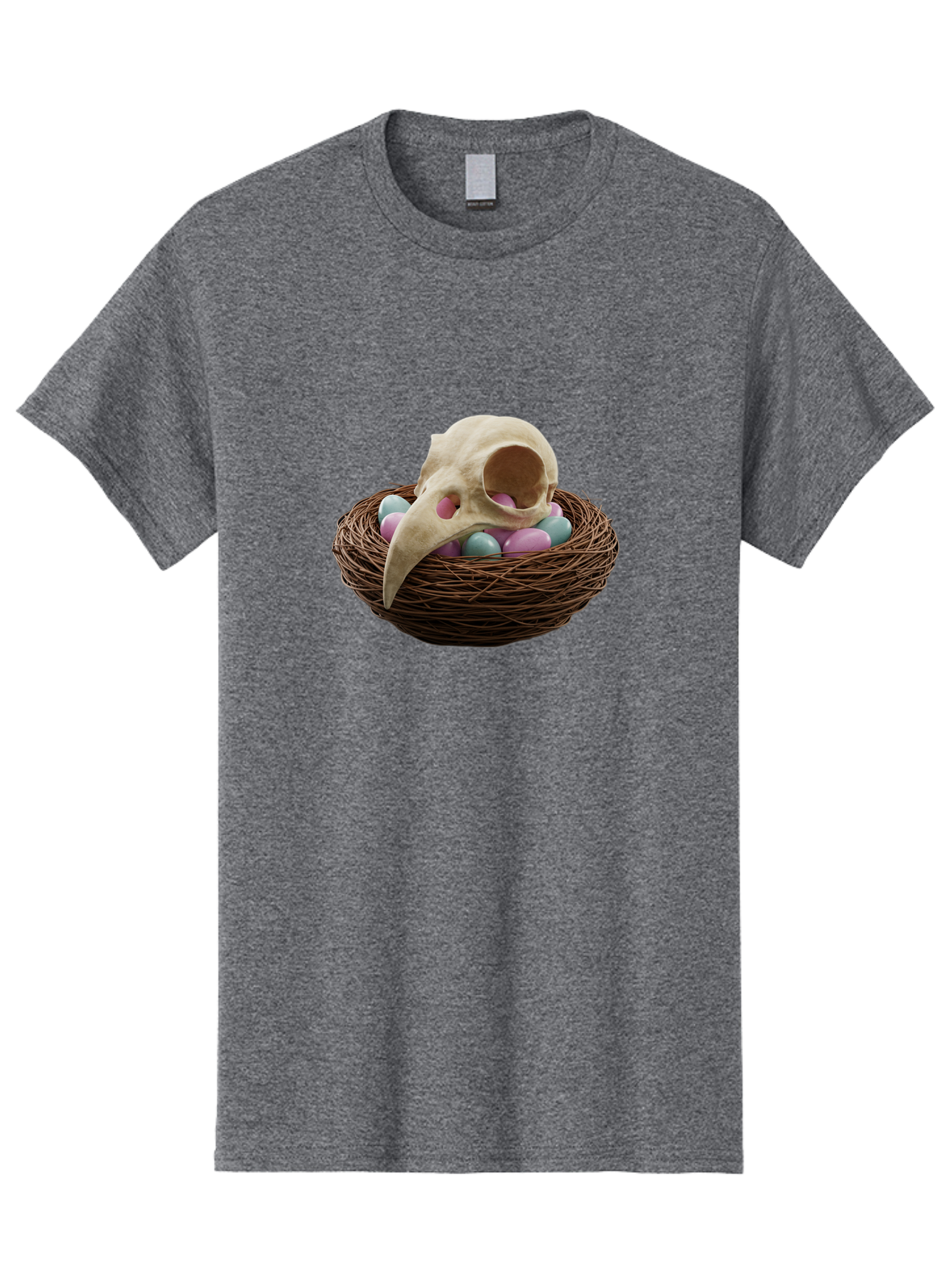 Crow-Skull-In-Nest Men'S Graphic Tee, 100% Cotton, Comfortable Casual Summer Wear, Machine Washable, Bird Skull In Nest, Pastel Eggs, Nest With Eggs, Bird Nest, Unusual Art, Surrealism, Quirky Decor, Unique Design, Bird Skull Art, Baa419