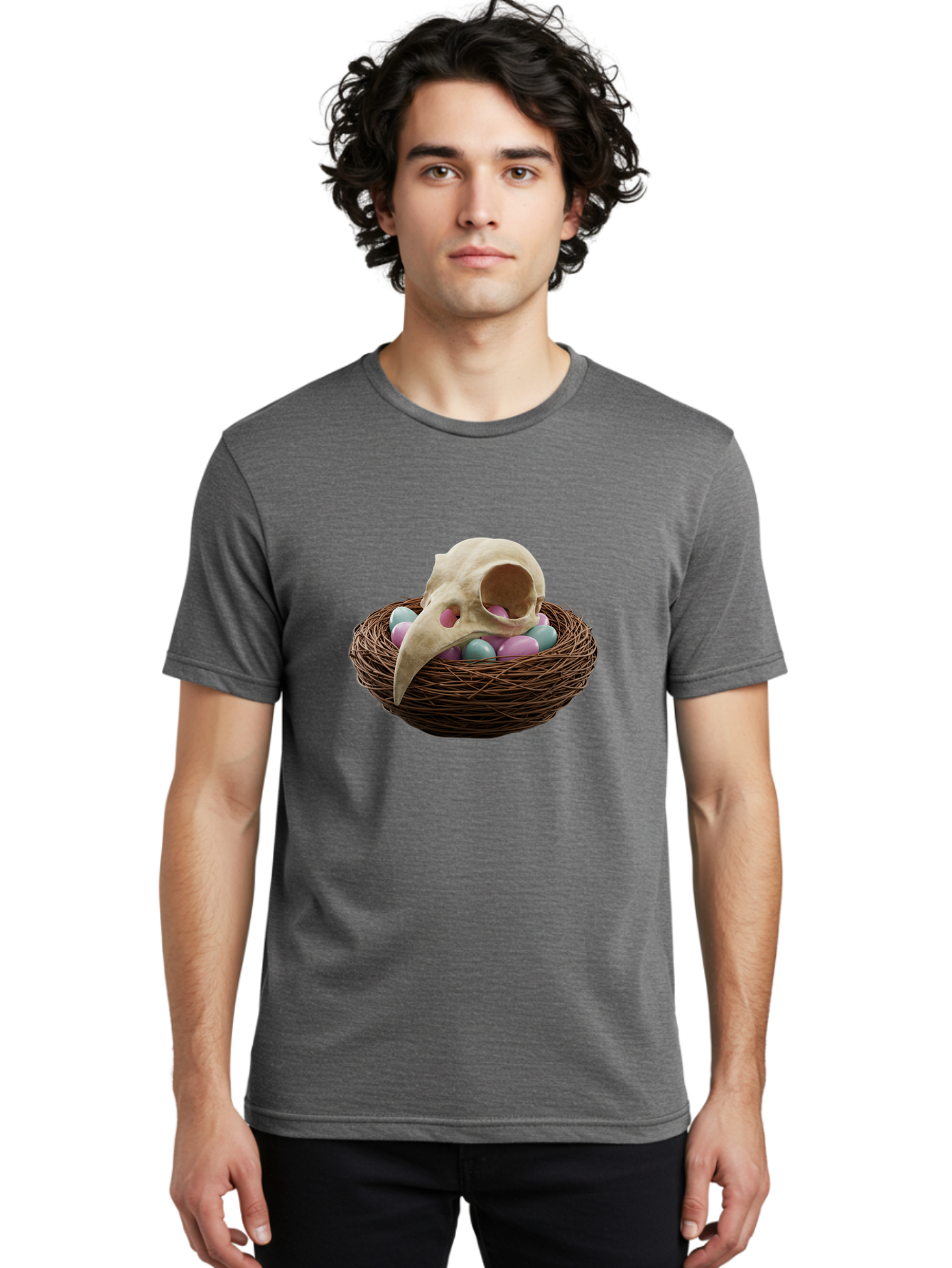 Crow-Skull-In-Nest Men'S Graphic Tee, 100% Cotton, Comfortable Casual Summer Wear, Machine Washable, Bird Skull In Nest, Pastel Eggs, Nest With Eggs, Bird Nest, Unusual Art, Surrealism, Quirky Decor, Unique Design, Bird Skull Art, Baa419