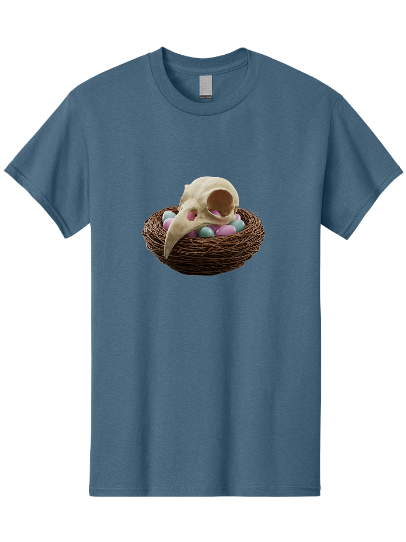 Crow-Skull-In-Nest Men'S Graphic Tee, 100% Cotton, Comfortable Casual Summer Wear, Machine Washable, Bird Skull In Nest, Pastel Eggs, Nest With Eggs, Bird Nest, Unusual Art, Surrealism, Quirky Decor, Unique Design, Bird Skull Art, Baa419