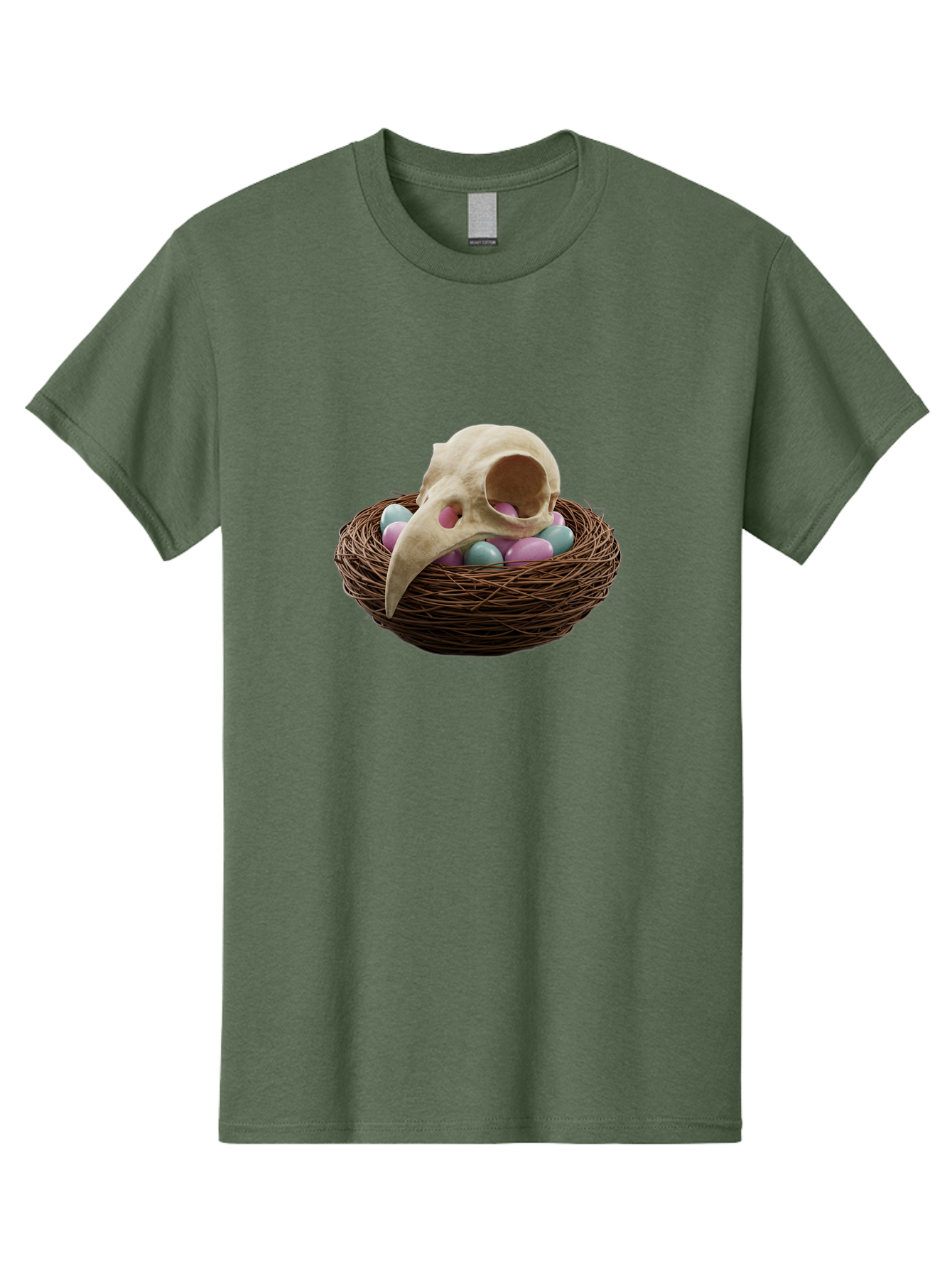 Crow-Skull-In-Nest Men'S Graphic Tee, 100% Cotton, Comfortable Casual Summer Wear, Machine Washable, Bird Skull In Nest, Pastel Eggs, Nest With Eggs, Bird Nest, Unusual Art, Surrealism, Quirky Decor, Unique Design, Bird Skull Art, Baa419