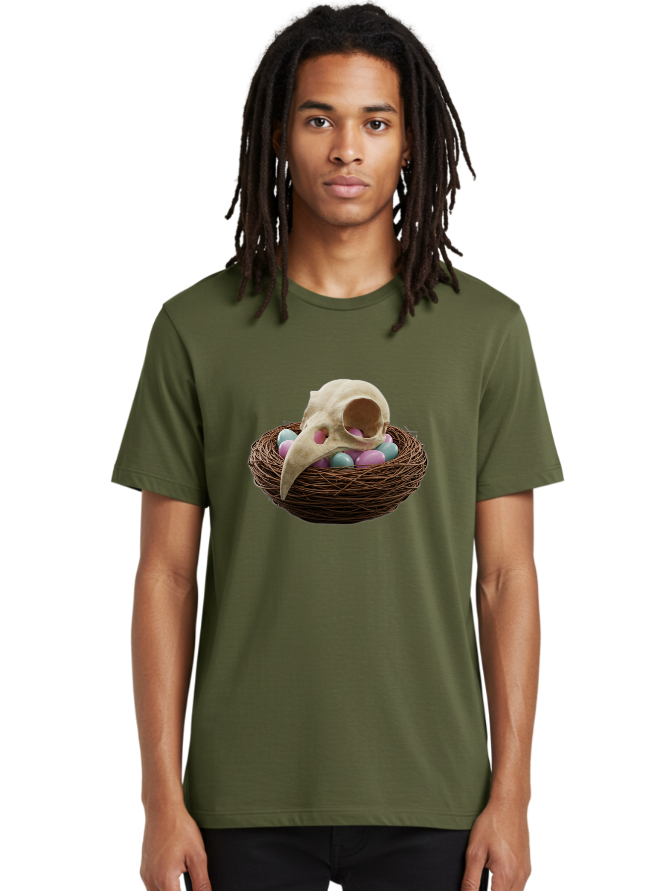 Crow-Skull-In-Nest Men'S Graphic Tee, 100% Cotton, Comfortable Casual Summer Wear, Machine Washable, Bird Skull In Nest, Pastel Eggs, Nest With Eggs, Bird Nest, Unusual Art, Surrealism, Quirky Decor, Unique Design, Bird Skull Art, Baa419