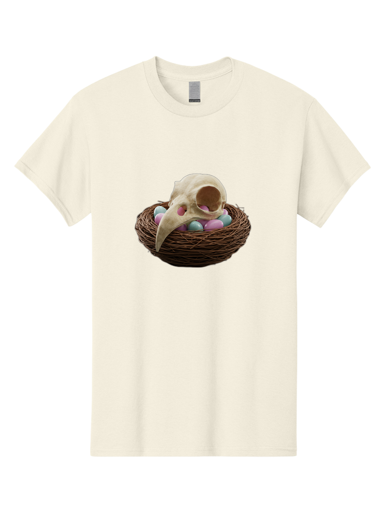 Crow-Skull-In-Nest Men'S Graphic Tee, 100% Cotton, Comfortable Casual Summer Wear, Machine Washable, Bird Skull In Nest, Pastel Eggs, Nest With Eggs, Bird Nest, Unusual Art, Surrealism, Quirky Decor, Unique Design, Bird Skull Art, Baa419