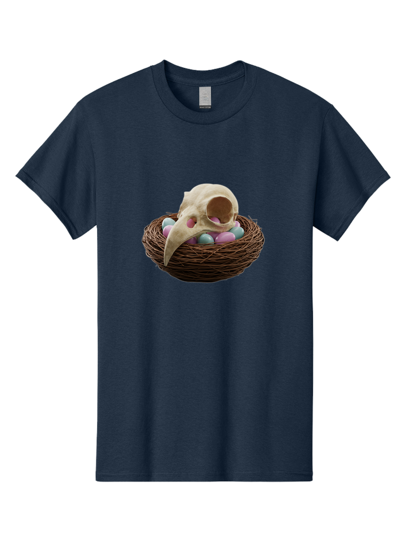 Crow-Skull-In-Nest Men'S Graphic Tee, 100% Cotton, Comfortable Casual Summer Wear, Machine Washable, Bird Skull In Nest, Pastel Eggs, Nest With Eggs, Bird Nest, Unusual Art, Surrealism, Quirky Decor, Unique Design, Bird Skull Art, Baa419