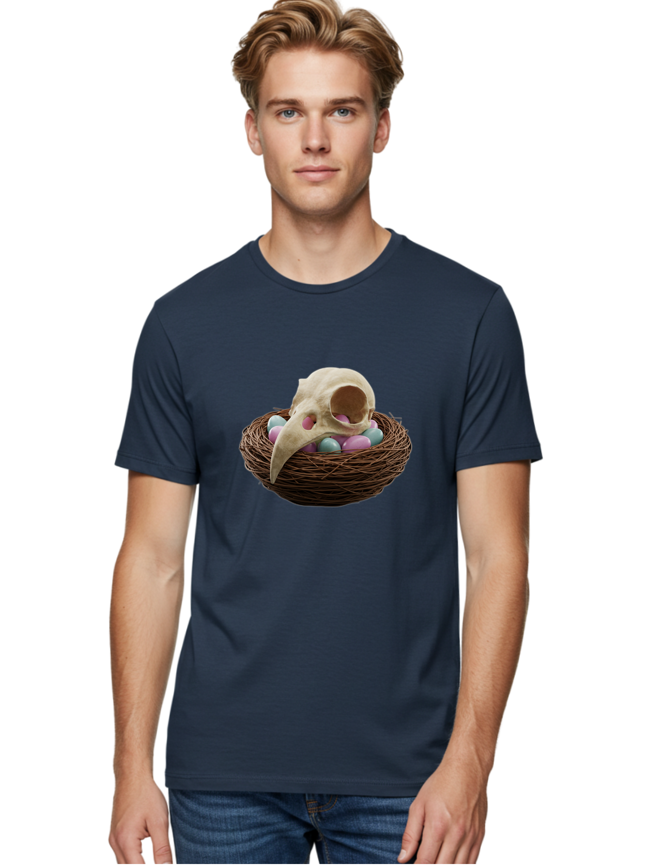 Crow-Skull-In-Nest Men'S Graphic Tee, 100% Cotton, Comfortable Casual Summer Wear, Machine Washable, Bird Skull In Nest, Pastel Eggs, Nest With Eggs, Bird Nest, Unusual Art, Surrealism, Quirky Decor, Unique Design, Bird Skull Art, Baa419