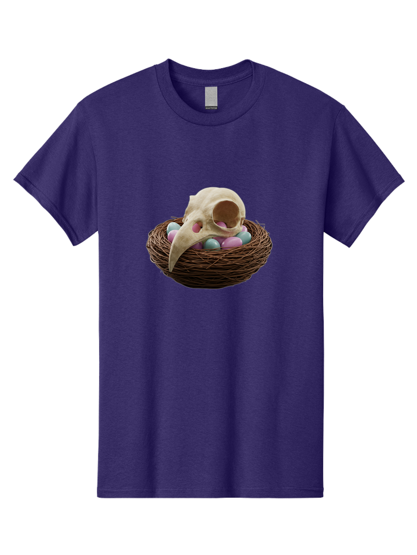 Crow-Skull-In-Nest Men'S Graphic Tee, 100% Cotton, Comfortable Casual Summer Wear, Machine Washable, Bird Skull In Nest, Pastel Eggs, Nest With Eggs, Bird Nest, Unusual Art, Surrealism, Quirky Decor, Unique Design, Bird Skull Art, Baa419