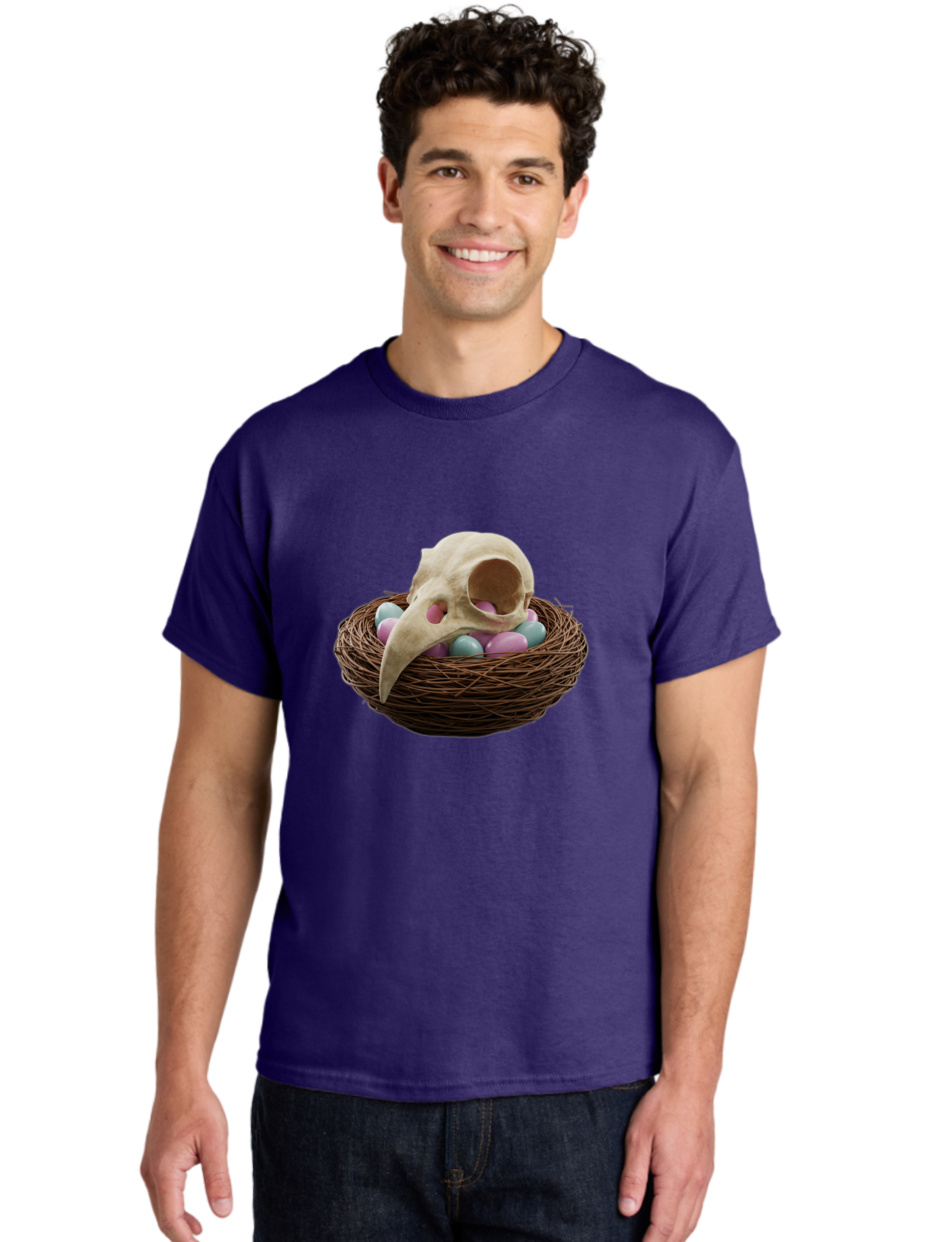 Crow-Skull-In-Nest Men'S Graphic Tee, 100% Cotton, Comfortable Casual Summer Wear, Machine Washable, Bird Skull In Nest, Pastel Eggs, Nest With Eggs, Bird Nest, Unusual Art, Surrealism, Quirky Decor, Unique Design, Bird Skull Art, Baa419