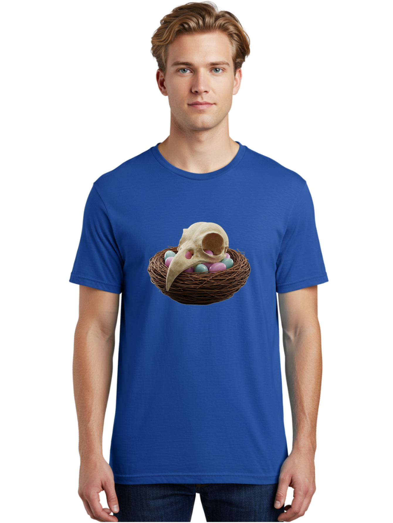 Crow-Skull-In-Nest Men'S Graphic Tee, 100% Cotton, Comfortable Casual Summer Wear, Machine Washable, Bird Skull In Nest, Pastel Eggs, Nest With Eggs, Bird Nest, Unusual Art, Surrealism, Quirky Decor, Unique Design, Bird Skull Art, Baa419