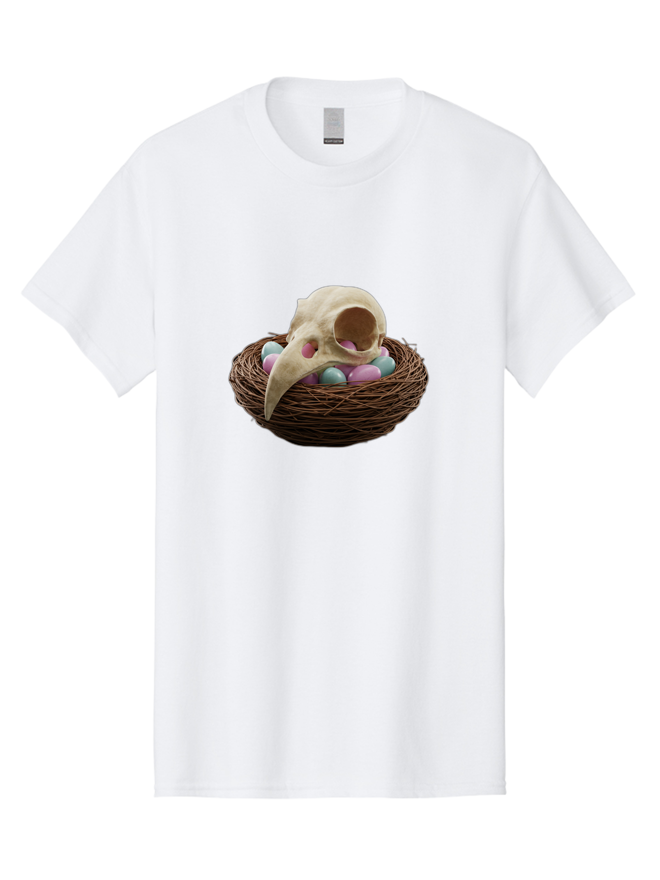 Crow-Skull-In-Nest Men'S Graphic Tee, 100% Cotton, Comfortable Casual Summer Wear, Machine Washable, Bird Skull In Nest, Pastel Eggs, Nest With Eggs, Bird Nest, Unusual Art, Surrealism, Quirky Decor, Unique Design, Bird Skull Art, Baa419