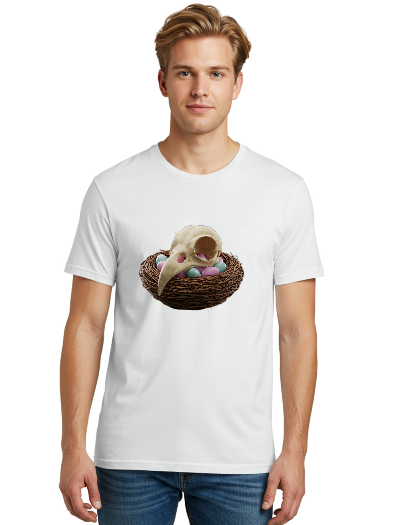 Crow-Skull-In-Nest Men'S Graphic Tee, 100% Cotton, Comfortable Casual Summer Wear, Machine Washable, Bird Skull In Nest, Pastel Eggs, Nest With Eggs, Bird Nest, Unusual Art, Surrealism, Quirky Decor, Unique Design, Bird Skull Art, Baa419