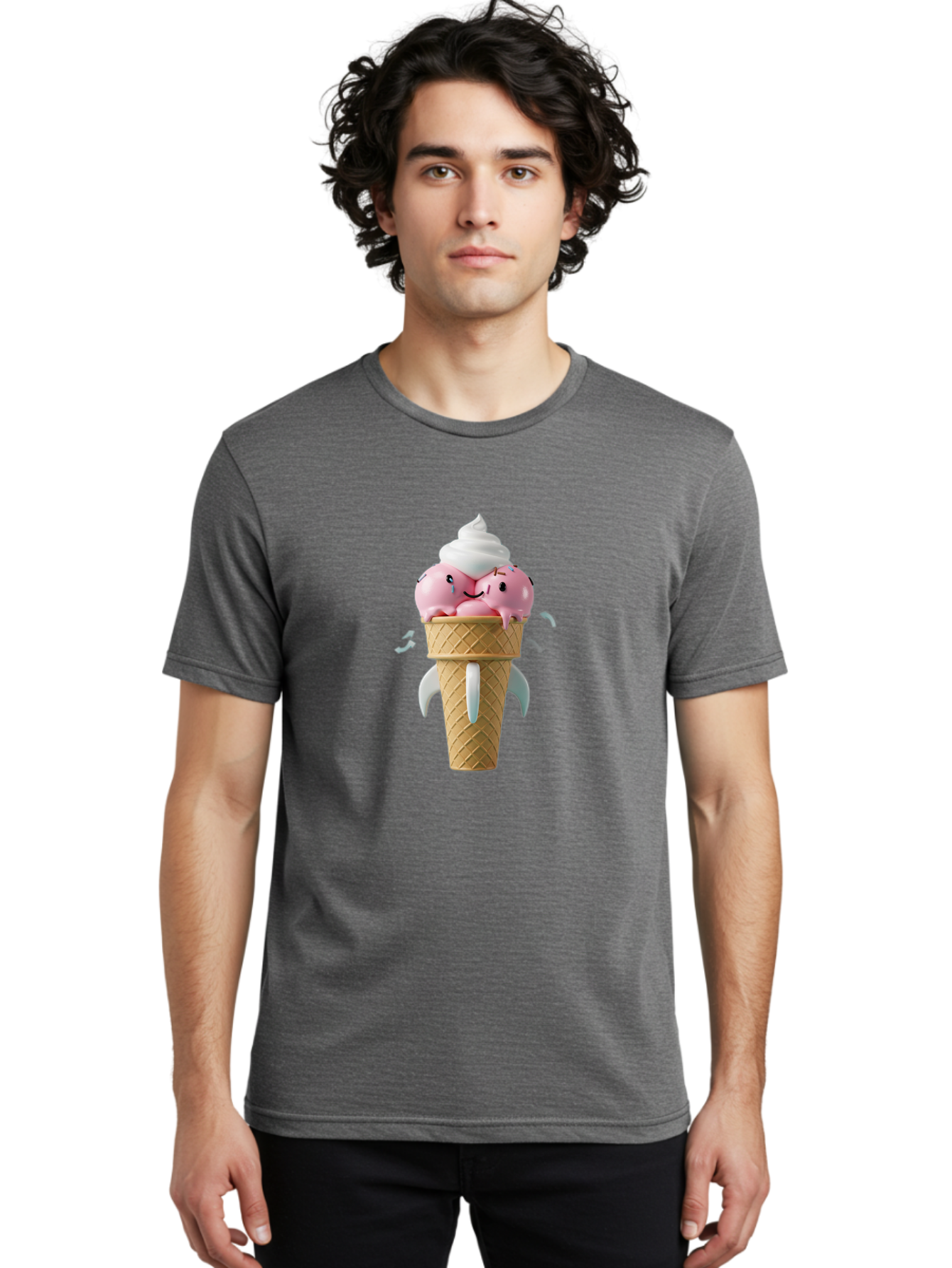 Crying-Ice-Cream Men'S Graphic Tee, 100% Cotton, Comfortable Casual Summer Wear, Machine Washable, Ice Cream Cone, Pink Ice Cream, Walrus Face, Cartoon Character, Fun Design, Sweet Treat, Whimsical Illustration, Playful Art, Ice Cream Lover, Baa422