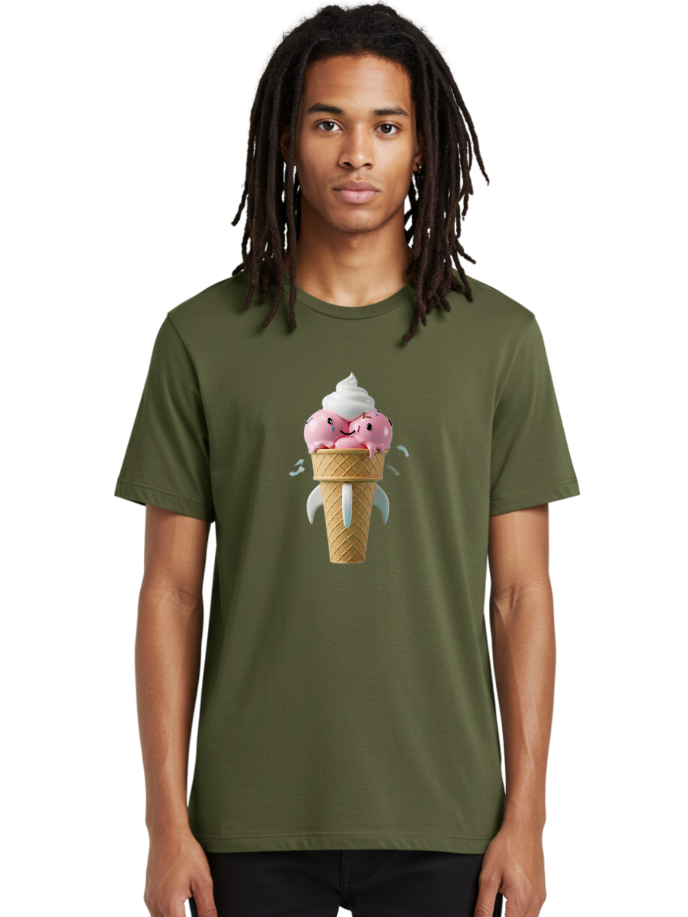 Crying-Ice-Cream Men'S Graphic Tee, 100% Cotton, Comfortable Casual Summer Wear, Machine Washable, Ice Cream Cone, Pink Ice Cream, Walrus Face, Cartoon Character, Fun Design, Sweet Treat, Whimsical Illustration, Playful Art, Ice Cream Lover, Baa422